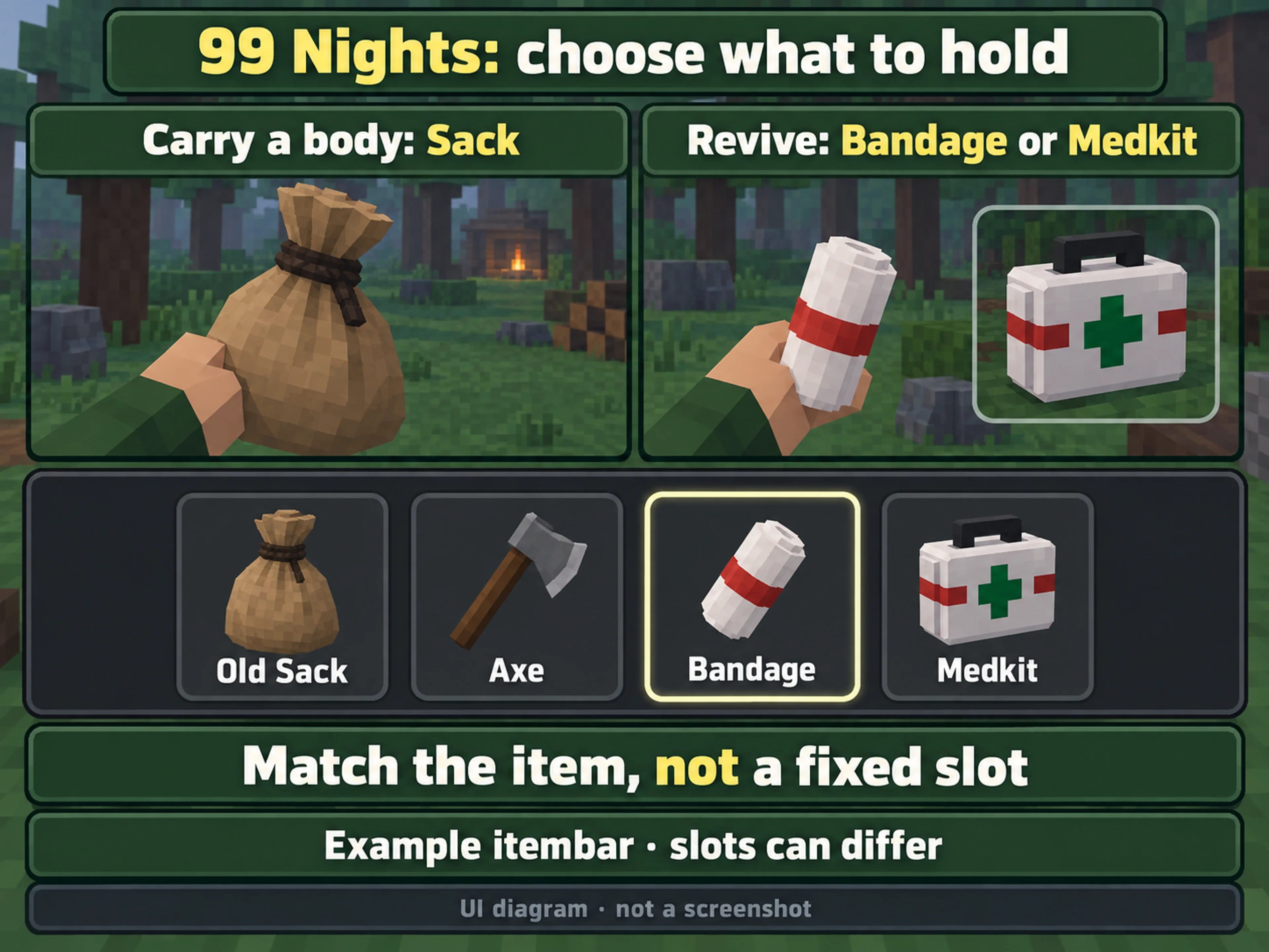 Old Sack for carrying a body and Bandage or Medkit for revival, with an example item bar selecting the Bandage.