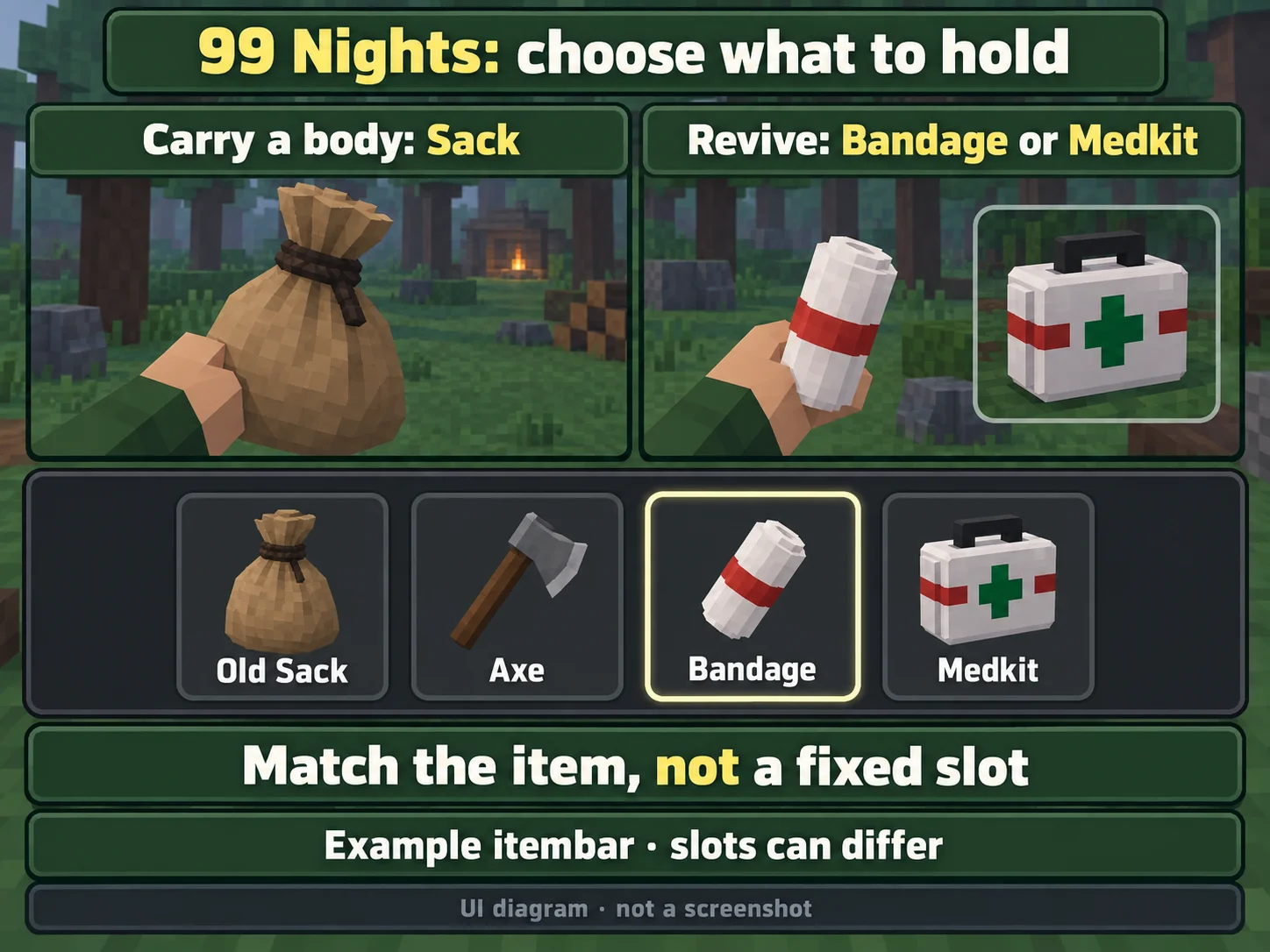 Old Sack for carrying a body and Bandage or Medkit for revival, with an example item bar selecting the Bandage.
