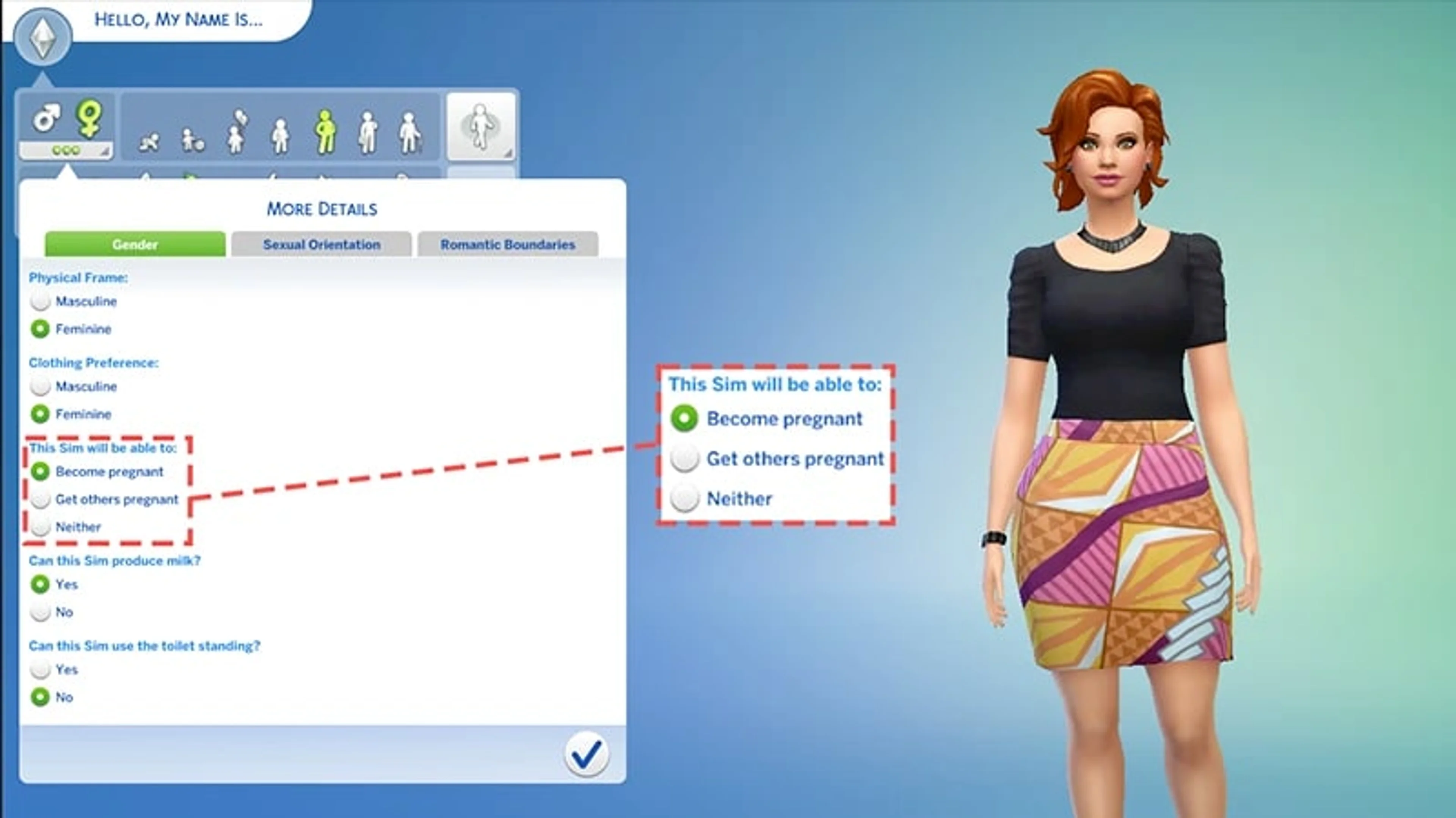 Official EA screenshot with a dashed highlight around the pregnancy options in Create a Sim.