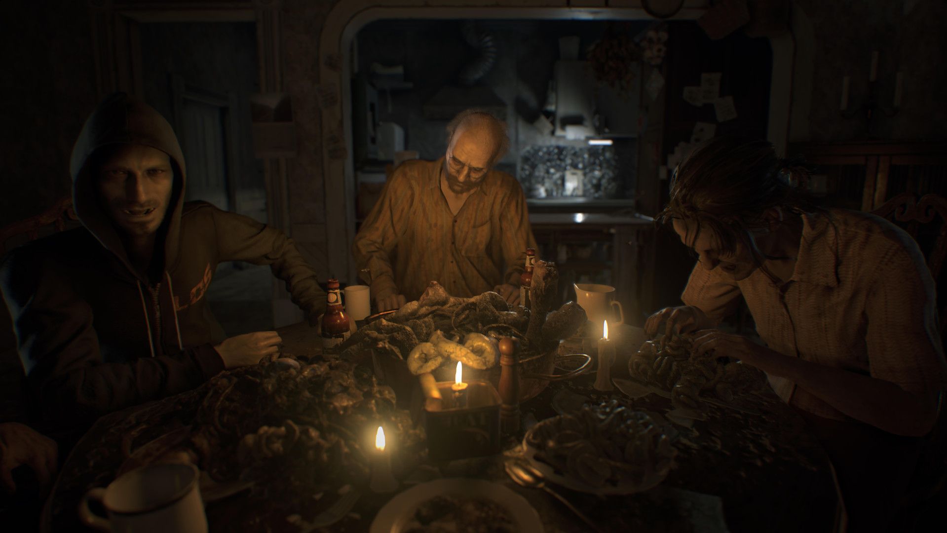 The Baker family sits around a dim dinner table in Resident Evil 7.