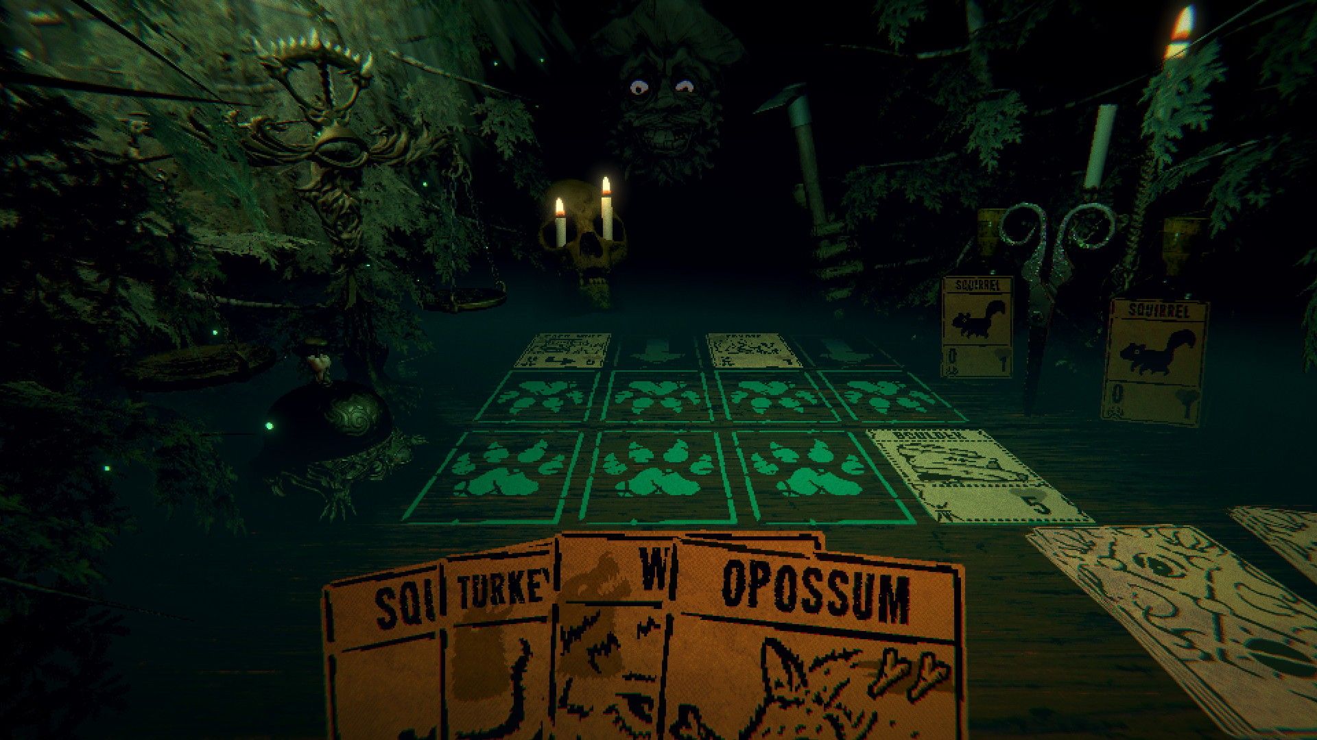 Creature cards sit on a candlelit table in Inscryption.
