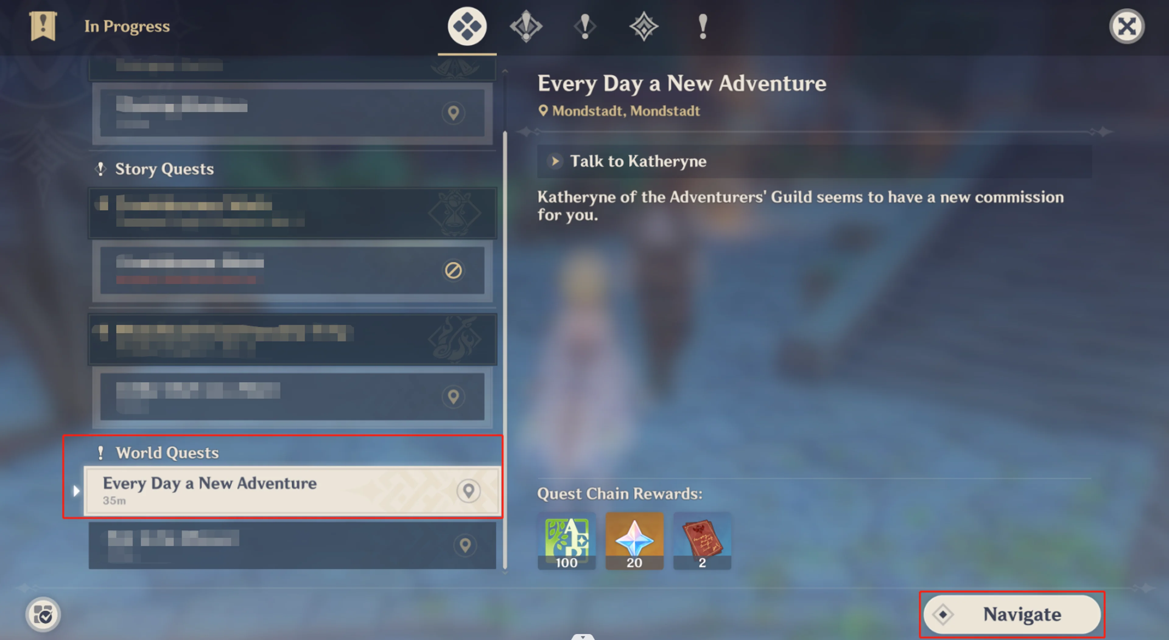 The Genshin Impact Daily Commissions menu