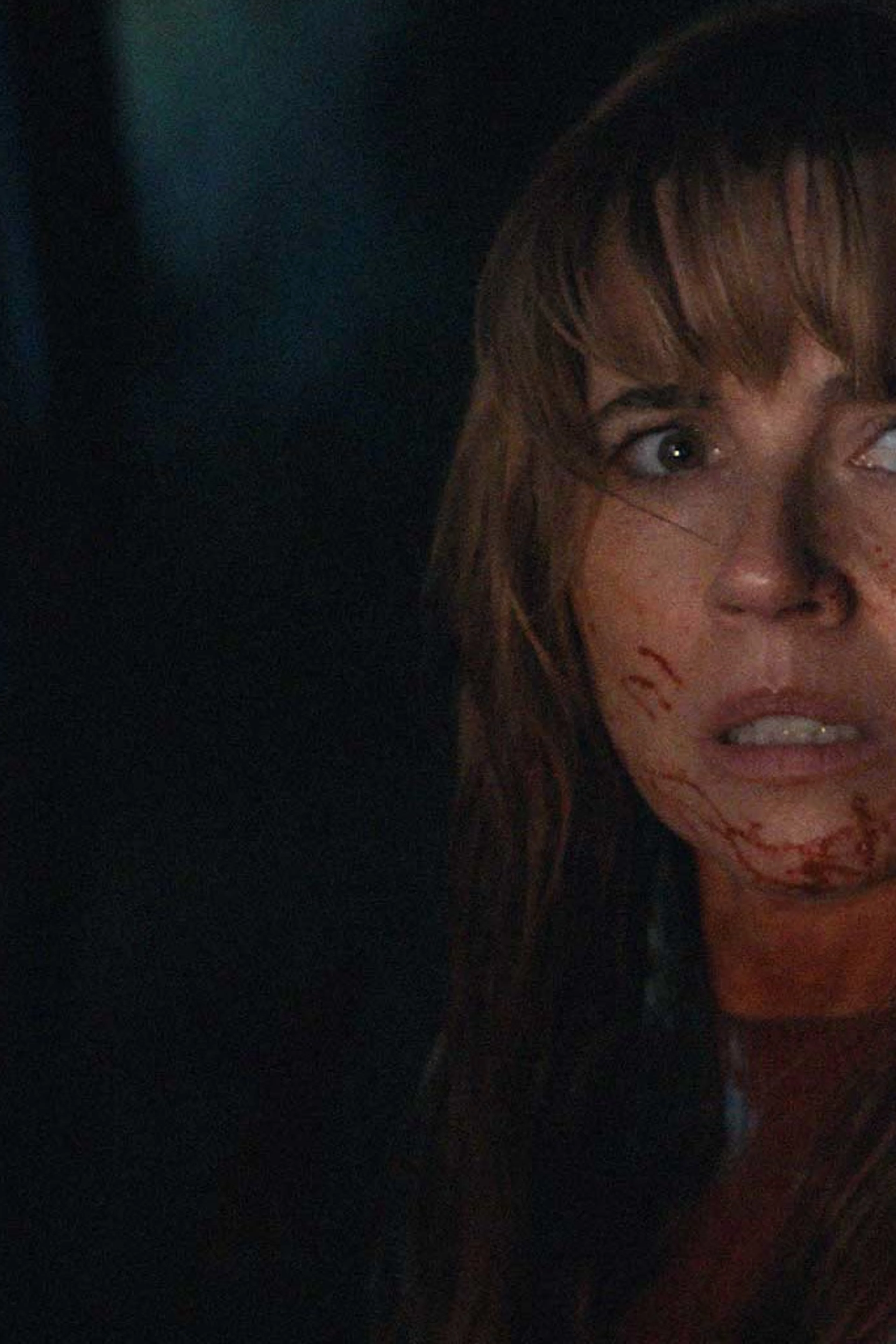 Linda Cardellini as Pamela Voorhees looks back from inside a car with blood on her face.