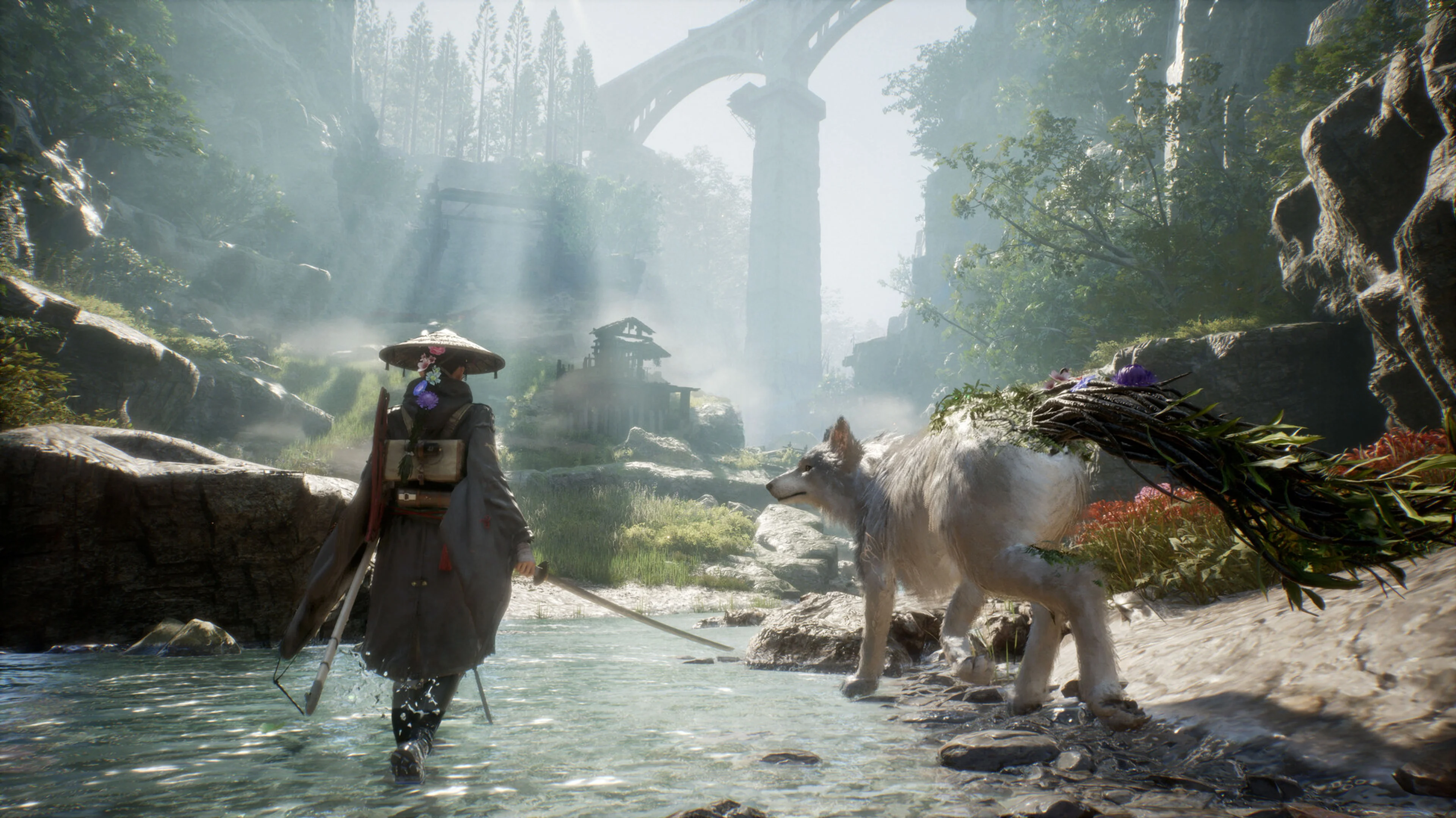 Emma walks through shallow water beside Koo in a forested ruin in Beast of Reincarnation.