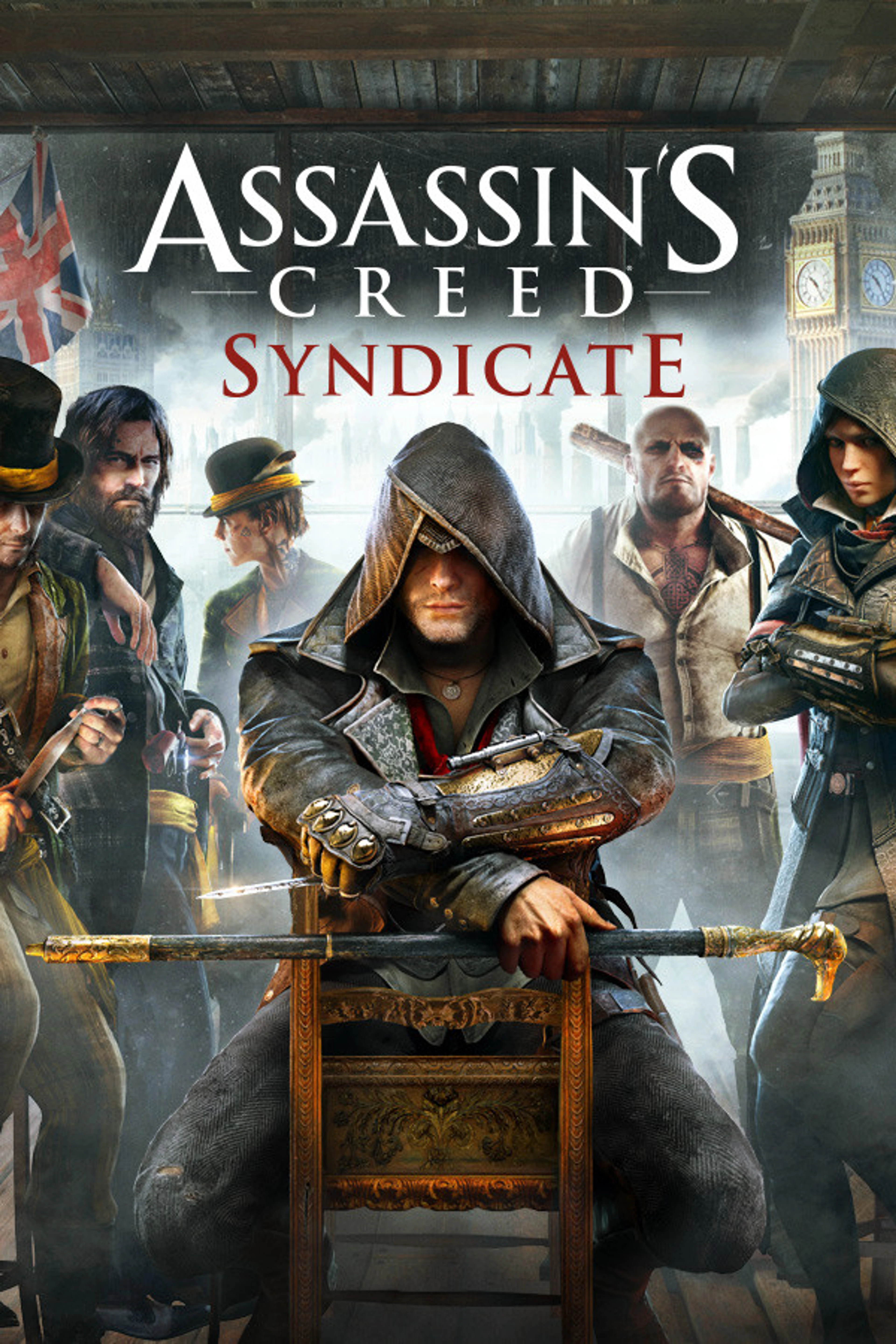 Official Assassin's Creed Syndicate cover with the native title above Jacob, Evie and other Victorian London characters.