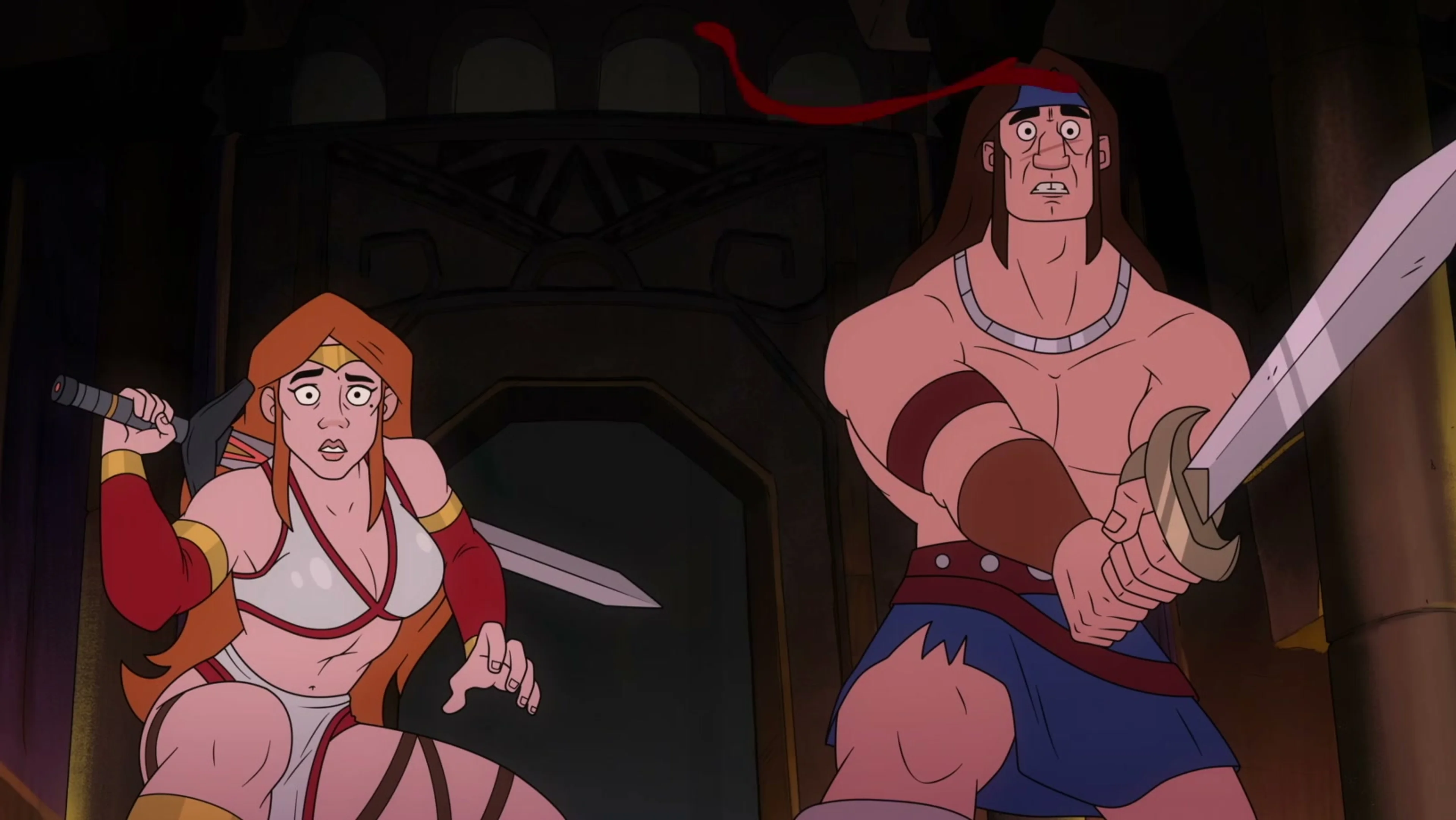 Ax Battler raises his sword while Tyris Flare prepares to fight in Golden Axe.
