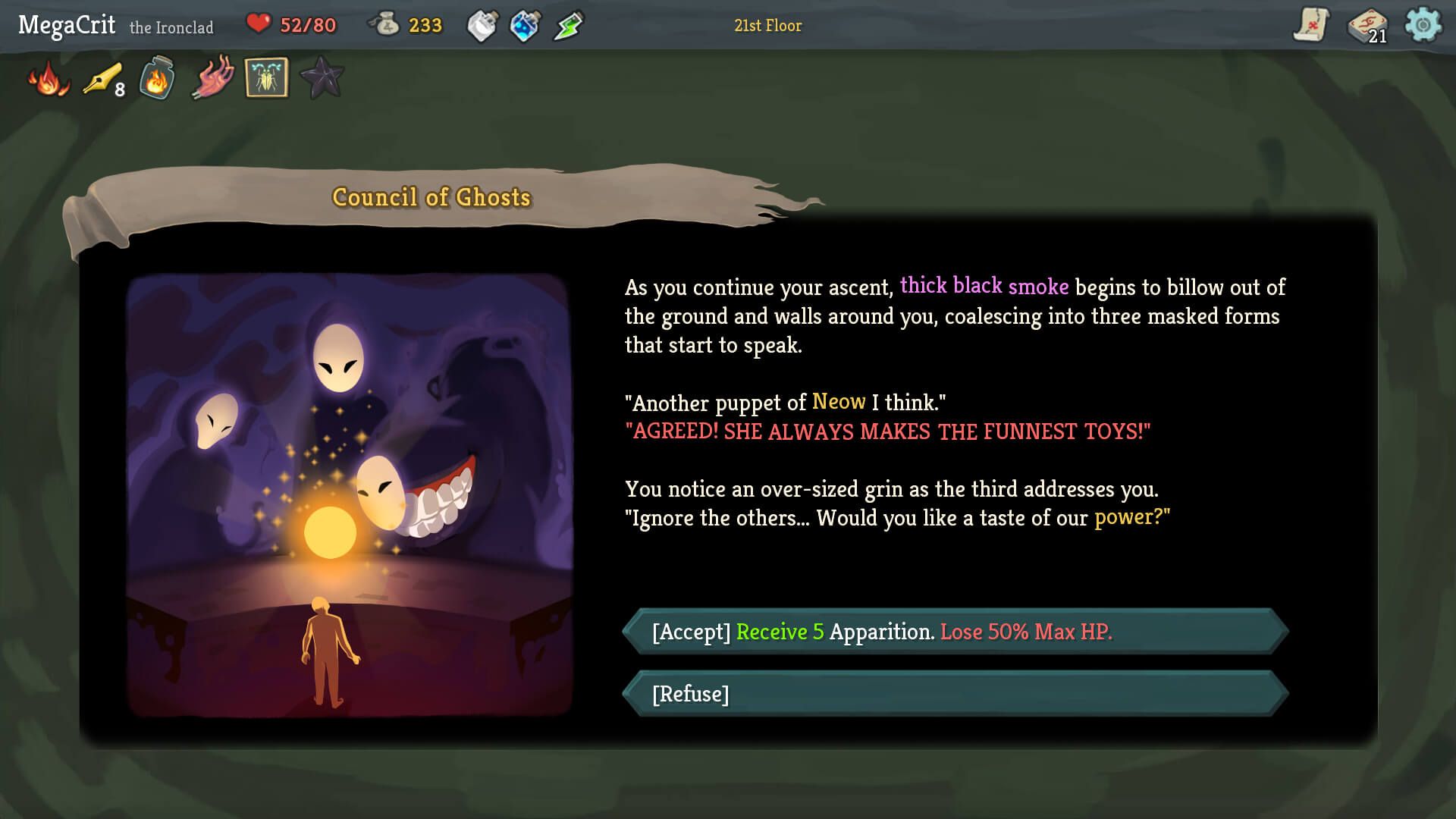 A Slay the Spire event screen offers a choice with a reward and a health cost.