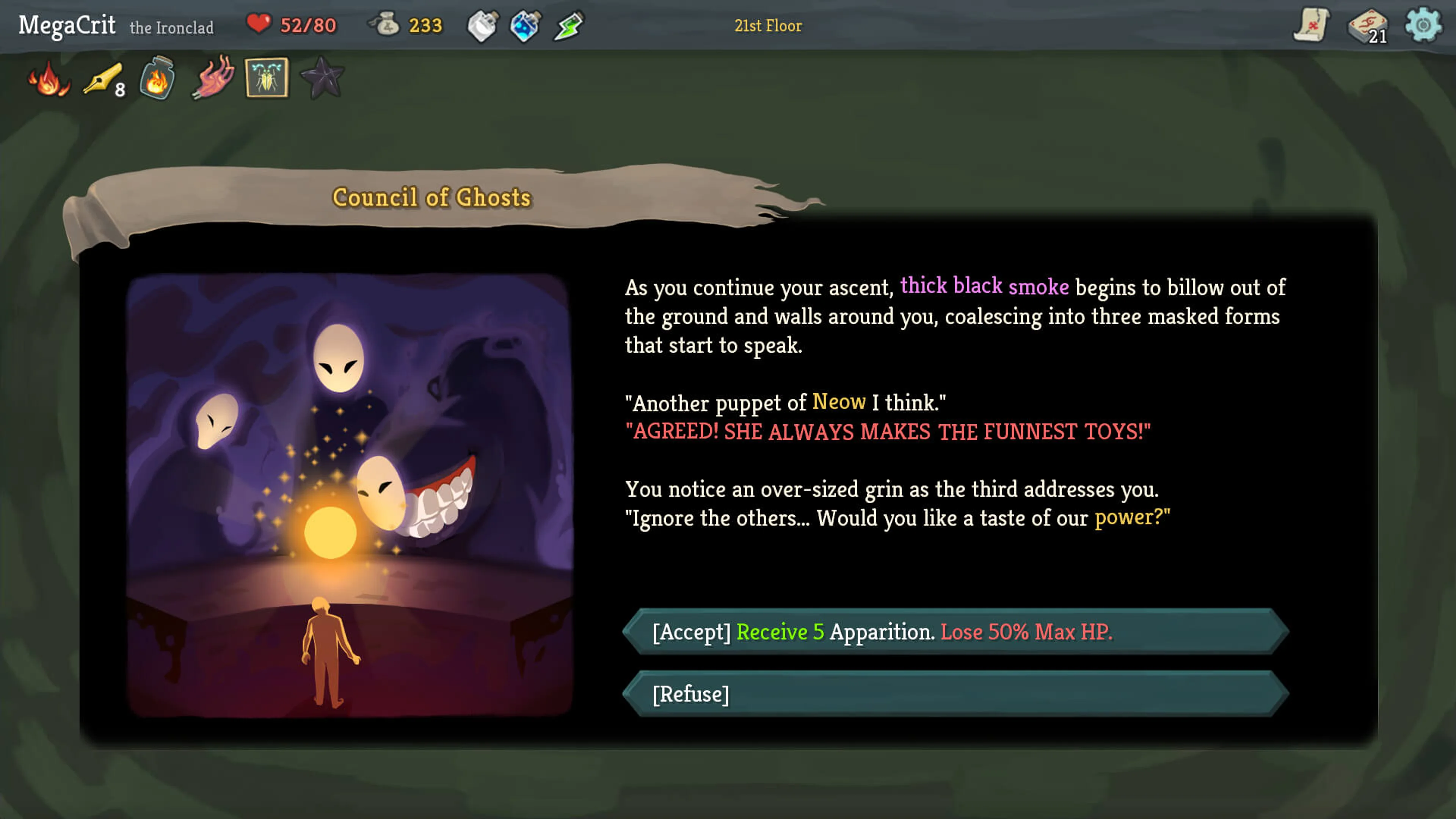 A Council of Ghosts event screen presents a story and two options; the accept choice names a reward and a maximum-health cost.