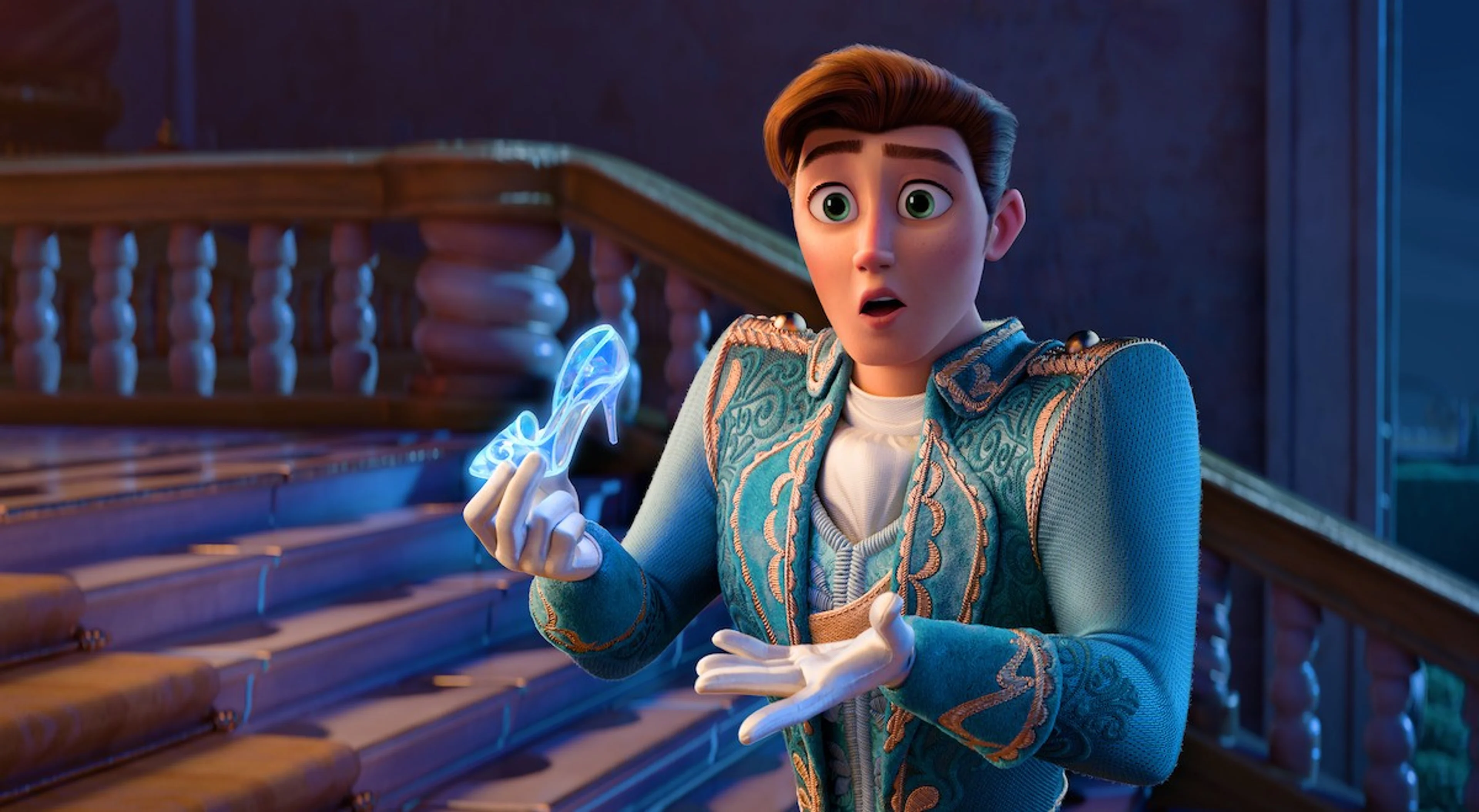 The prince holds a glowing glass slipper on a palace staircase in Steps.
