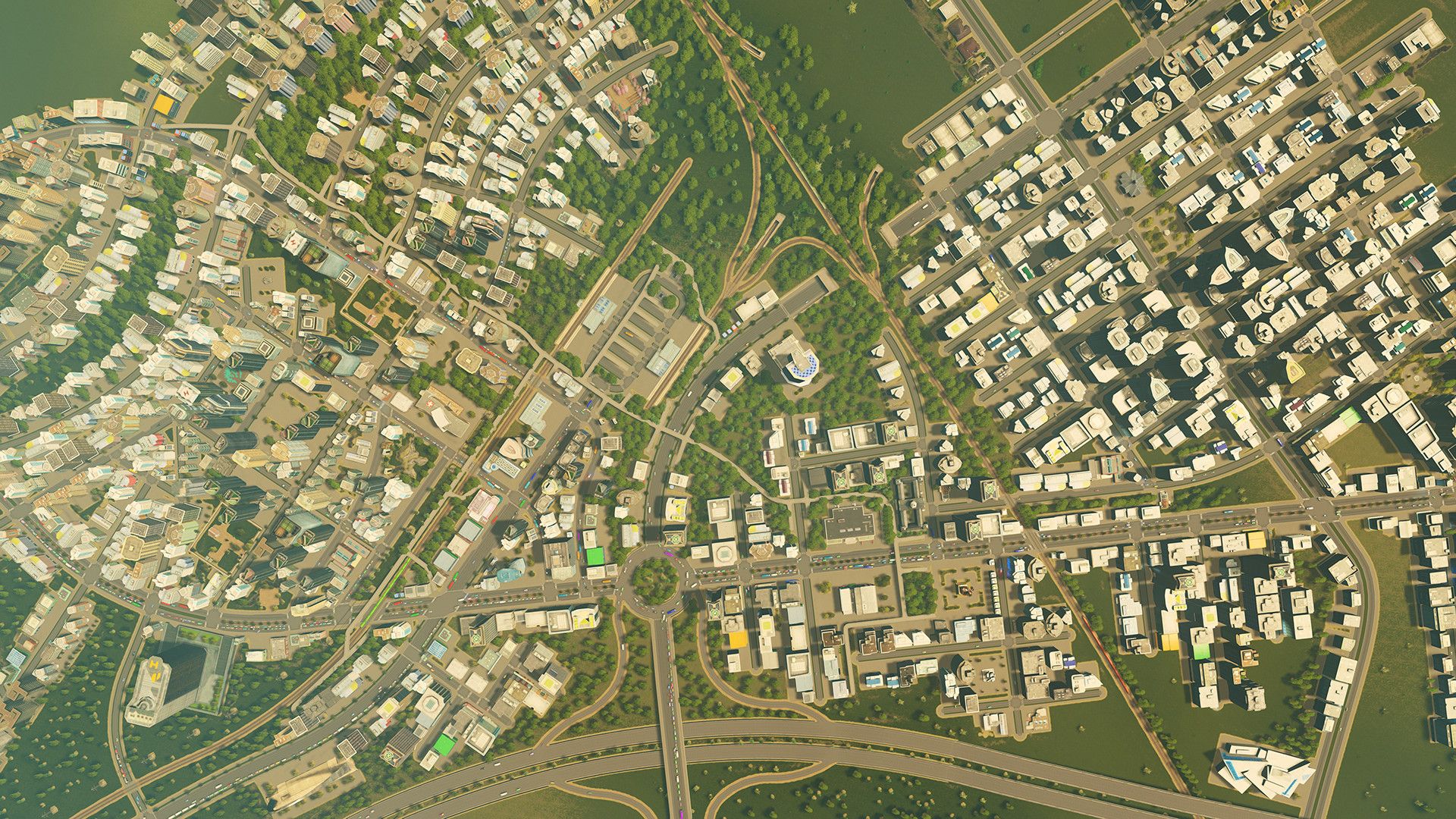 An overhead view shows many blocks joined by roads and highway connections.