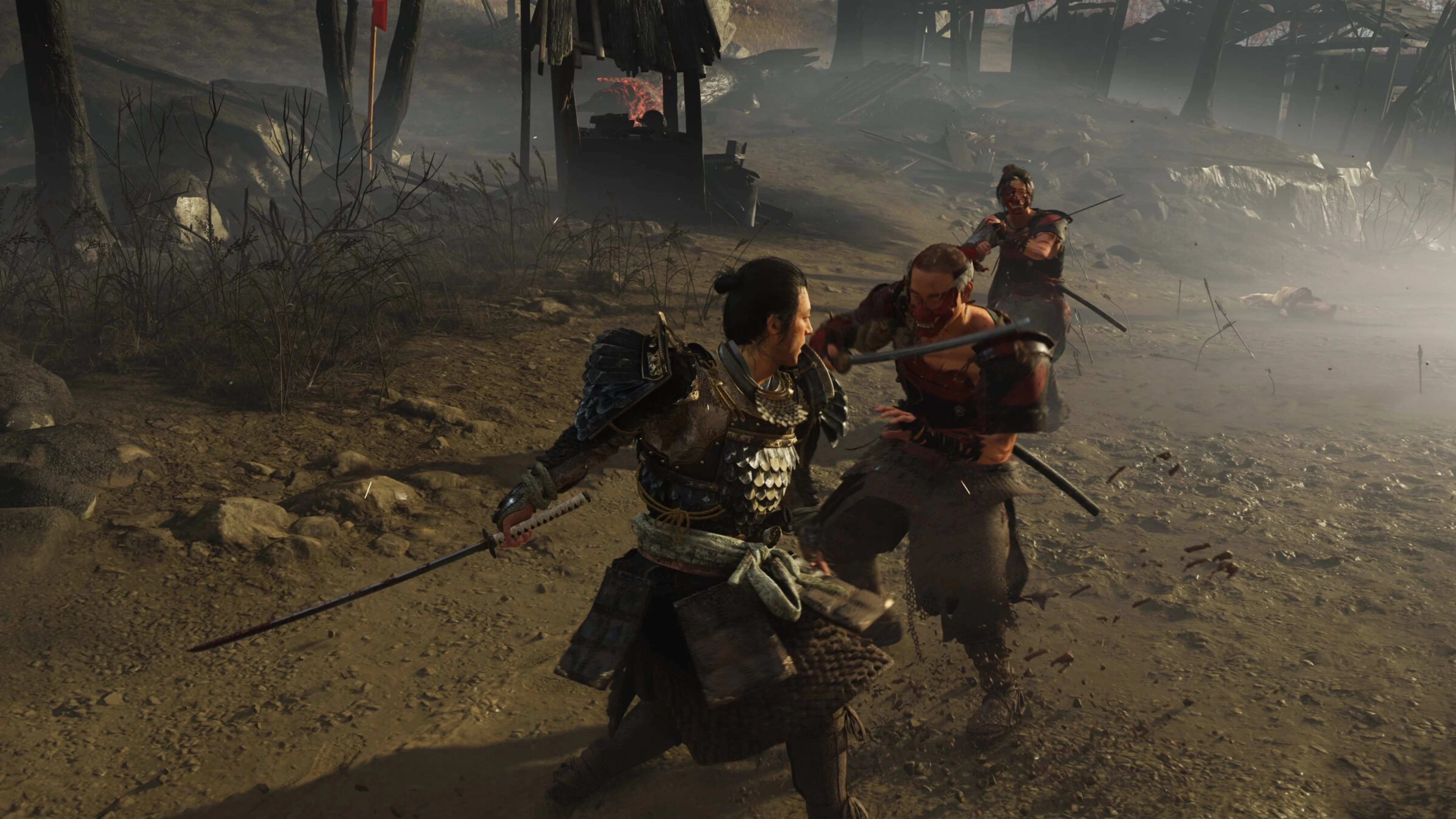 Jin Sakai fights three enemies in Ghost of Yōtei Most Wanted.