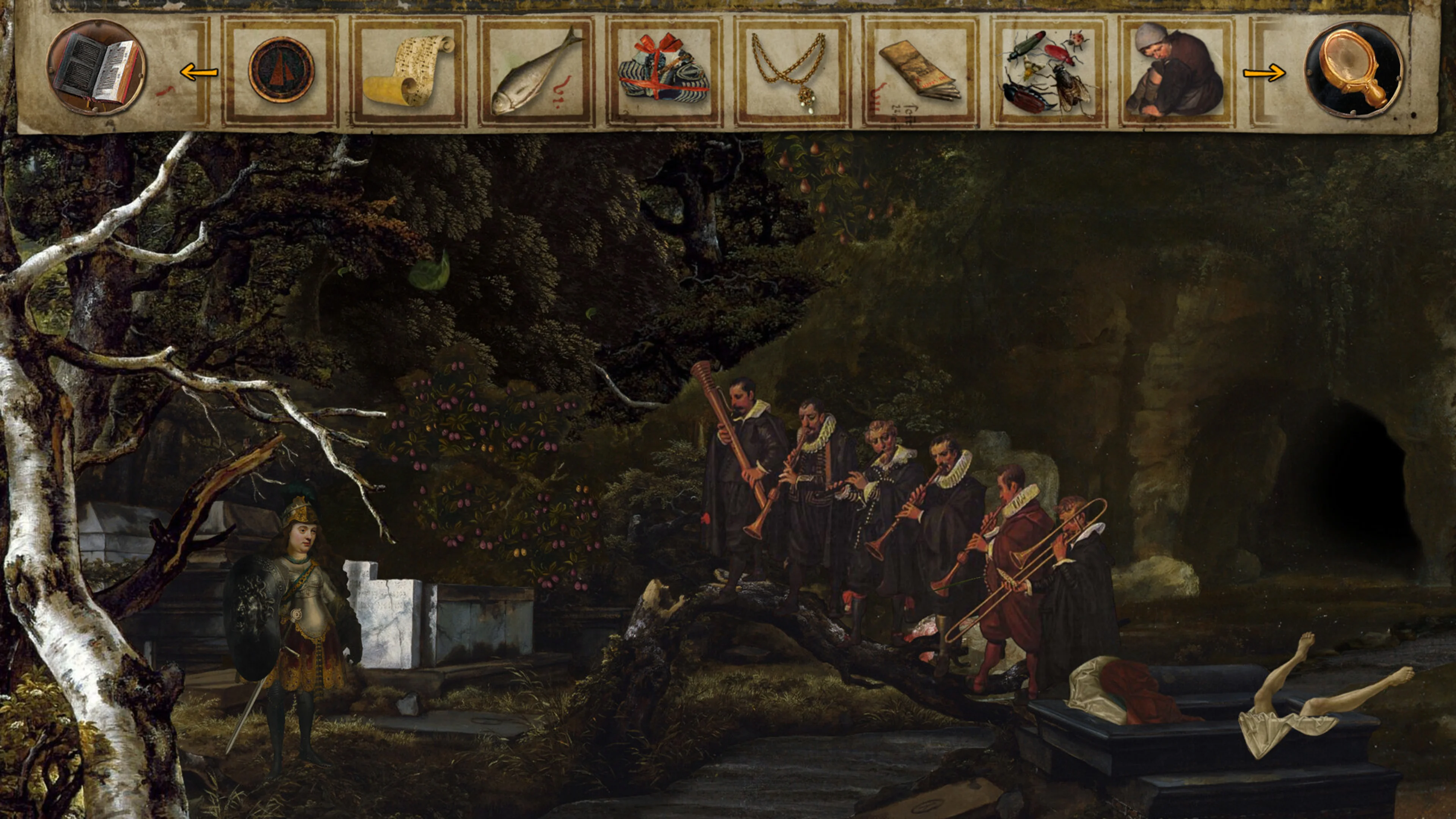 A painted heroine stands among ships, soldiers, and townspeople in The Procession to Calvary.