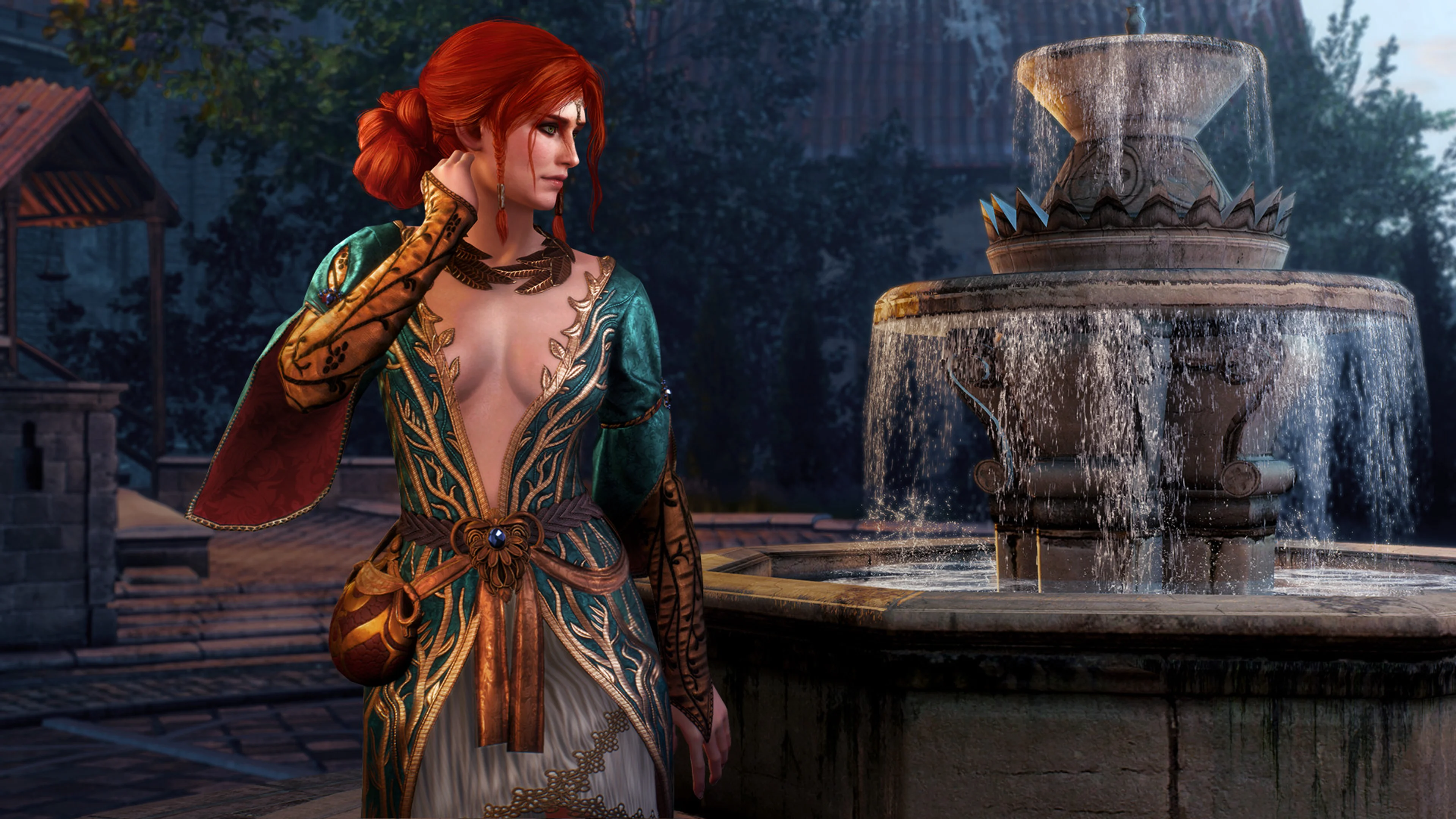 Triss Merigold stands beside a fountain in The Witcher 3: Wild Hunt.