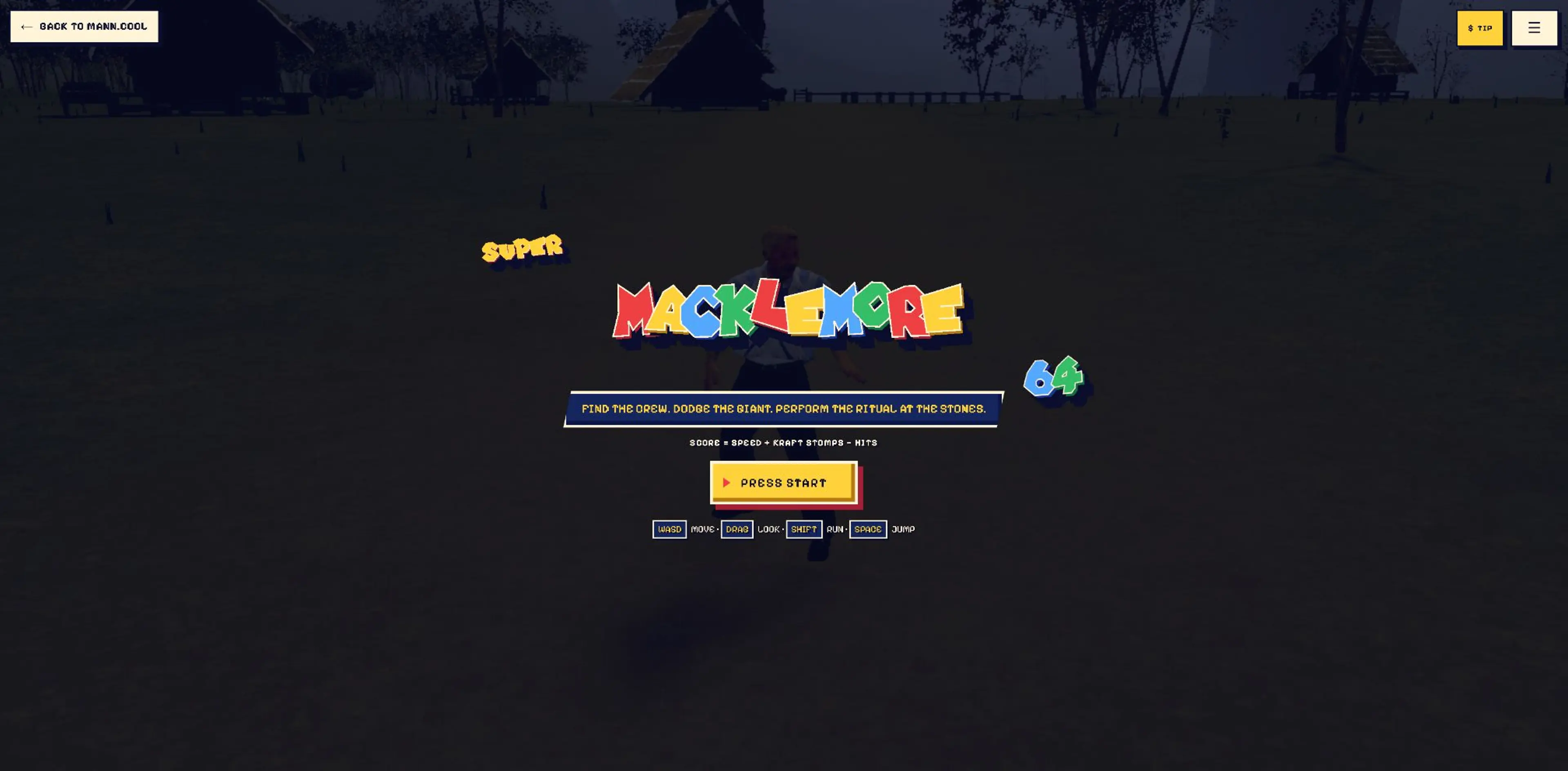 Super Macklemore 64 title screen and controls.