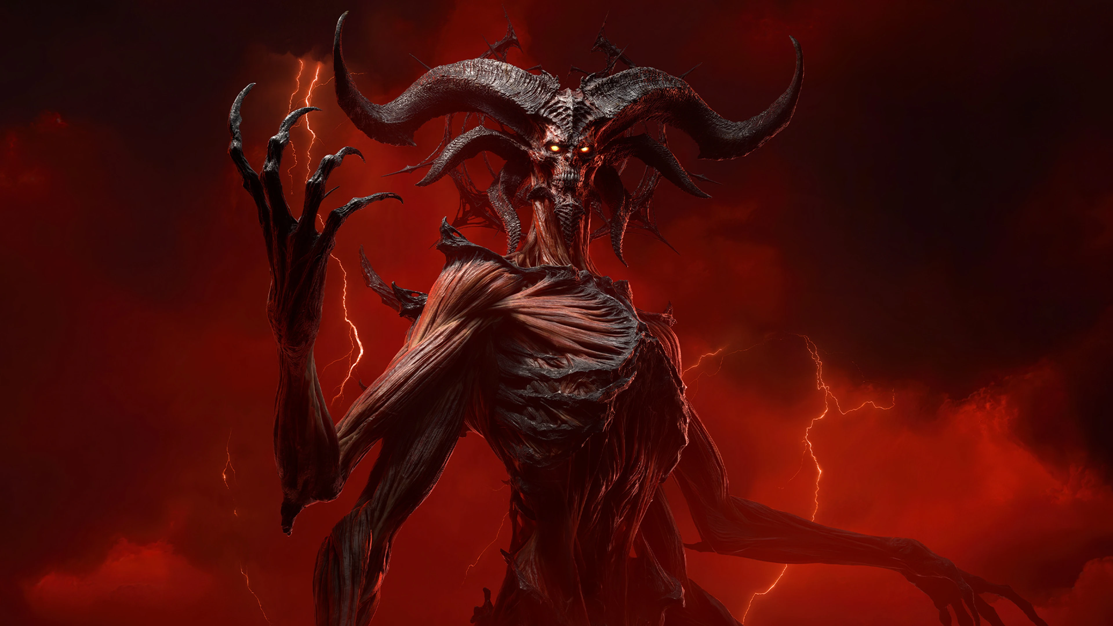 Diablo stands centered against a red storm in official Blizzard artwork.