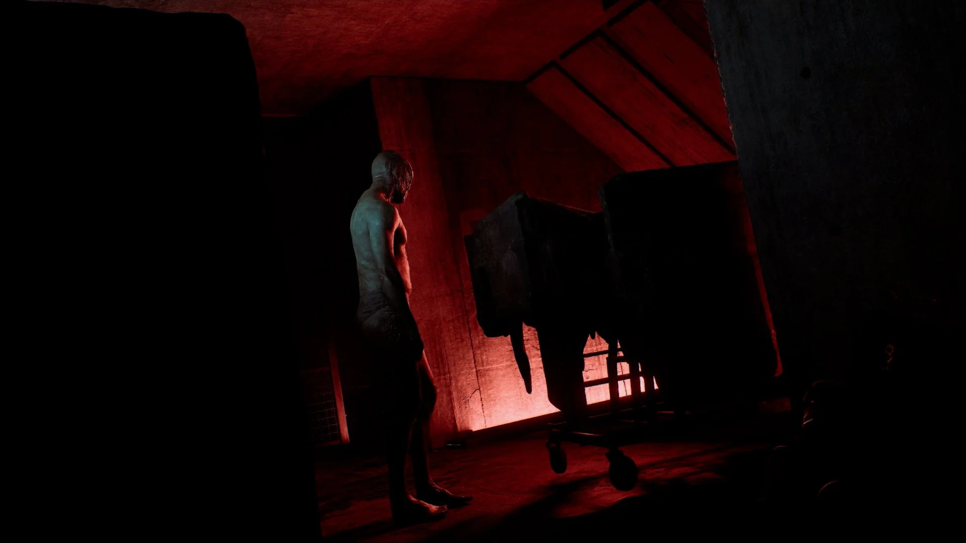 A shadowed figure stands beside a hospital bed in the red-lit Otherworld of Silent Hill: Townfall.