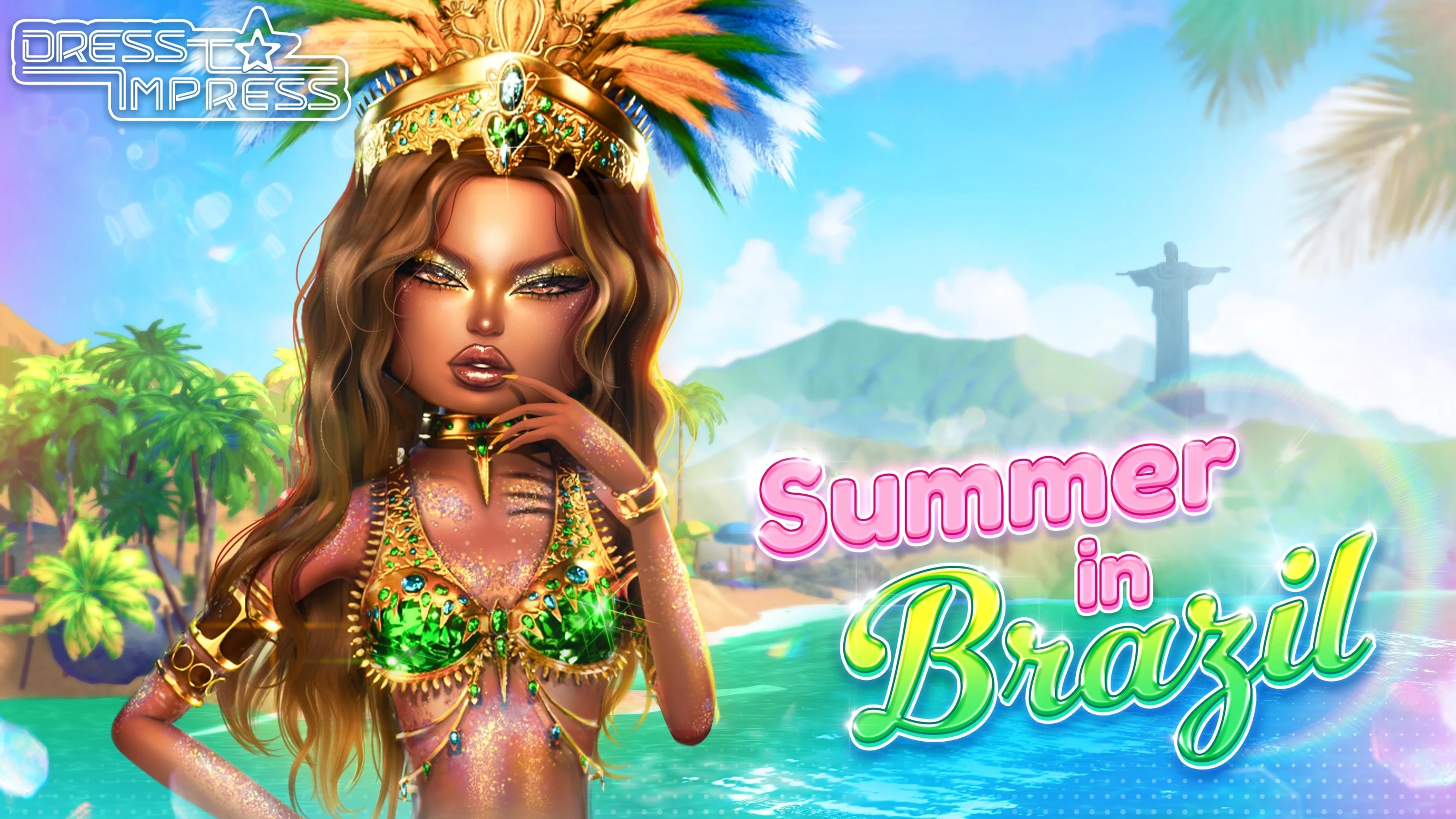 Dress To Impress character wearing a detailed green and gold carnival outfit for the Summer in Brazil update.