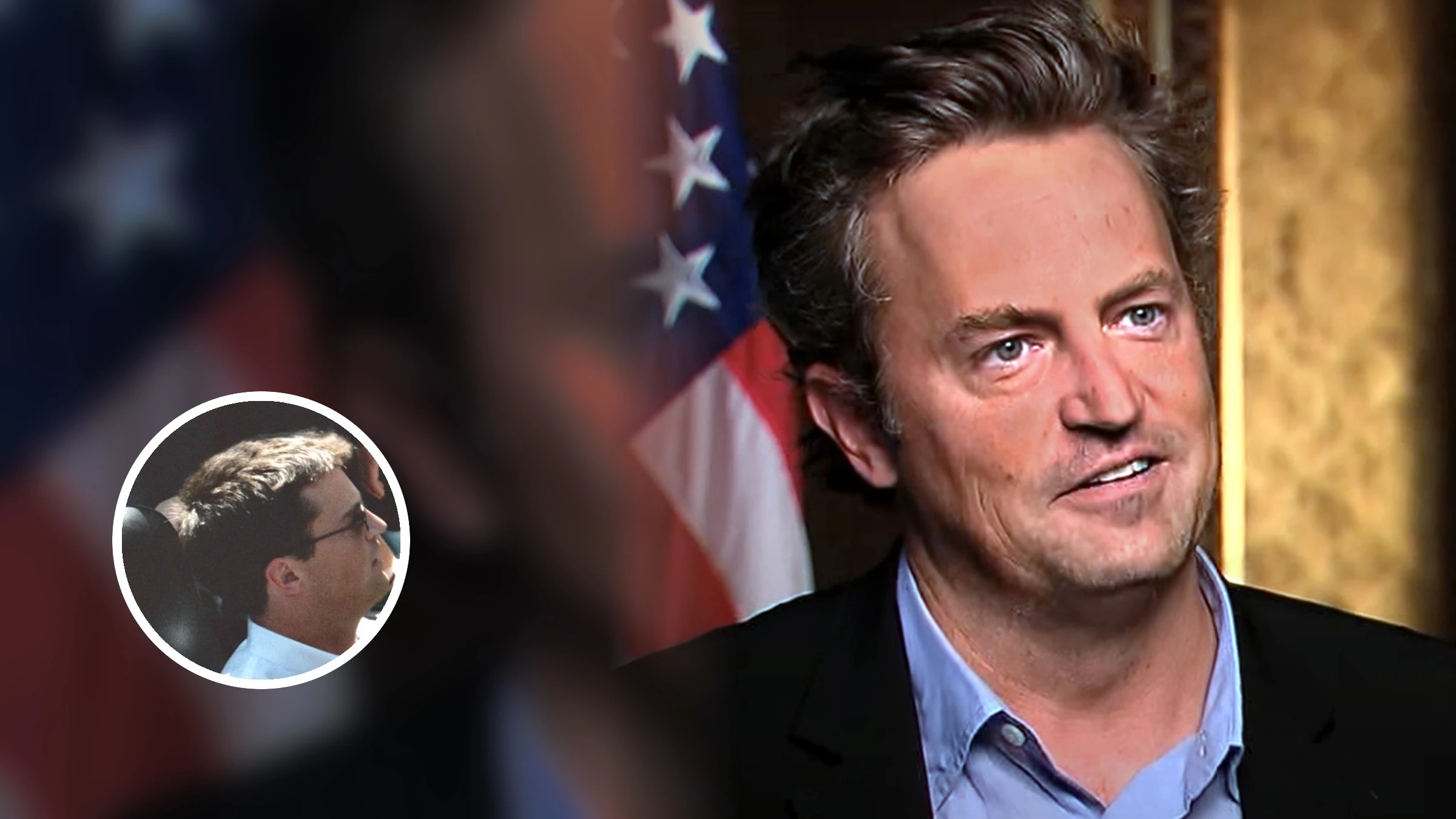 Matthew Perry in a 2012 interview, with a circular inset showing him leaving a rehearsal in 1995.