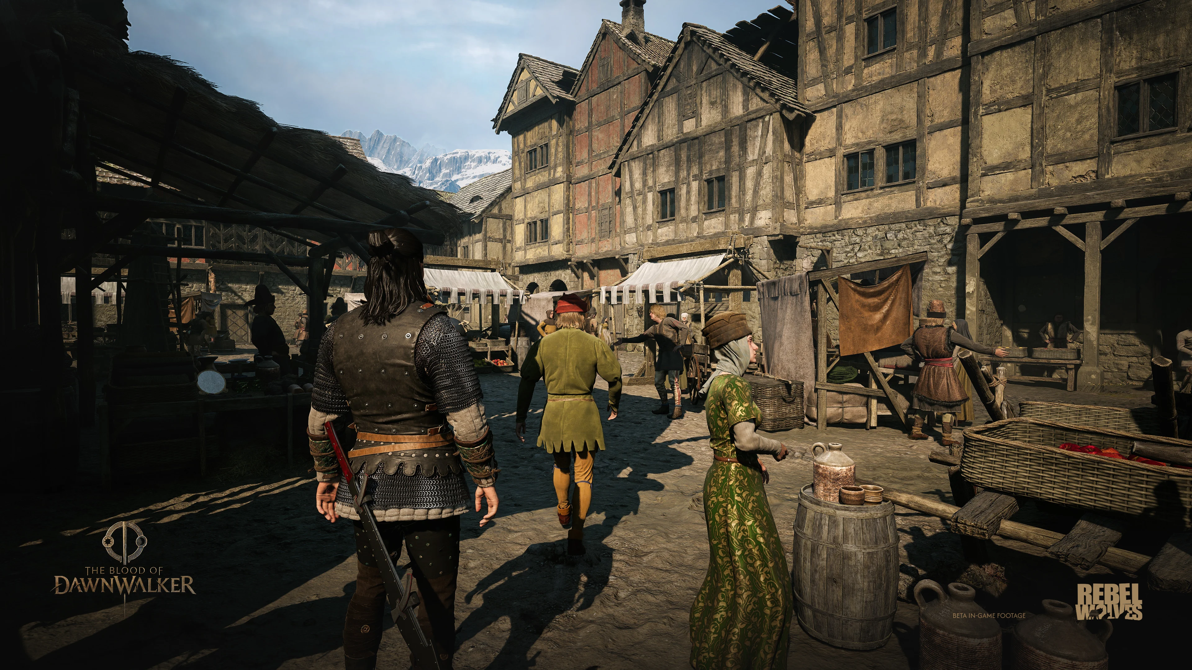 Official The Blood of Dawnwalker screenshot showing Coen walking through a medieval market in Vale Sangora.