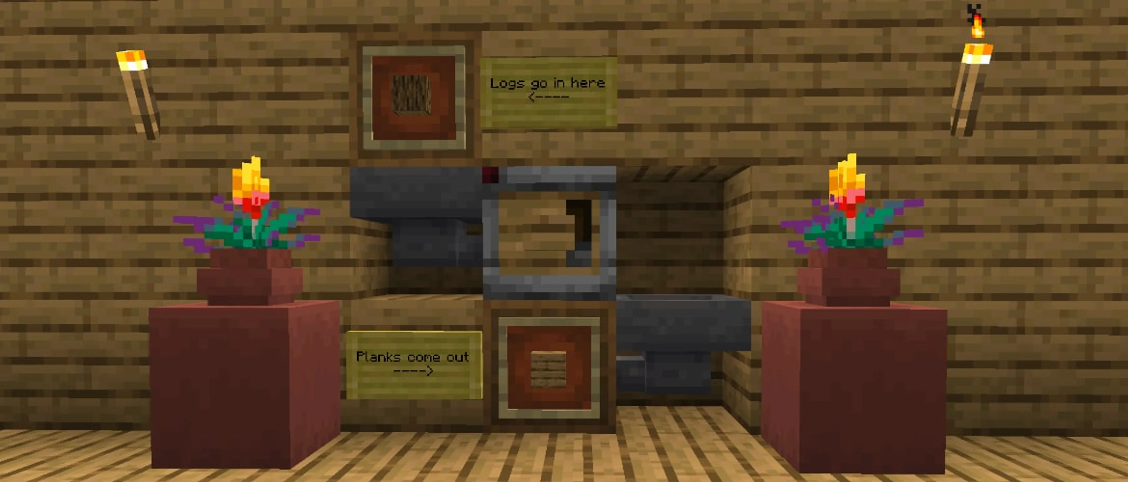 A Minecraft hopper and crafter setup moving logs through a small automatic system.