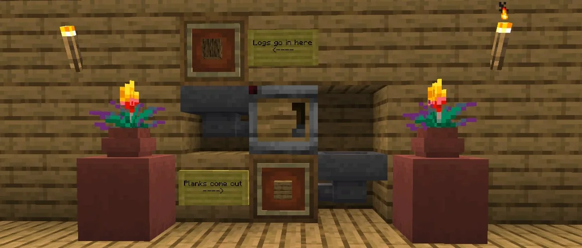 A Minecraft hopper and crafter setup moving logs through a small automatic system.