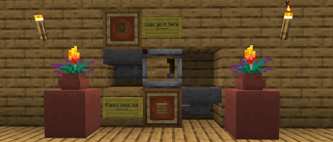 An official Minecraft hopper machine moving logs into a processing and storage system.