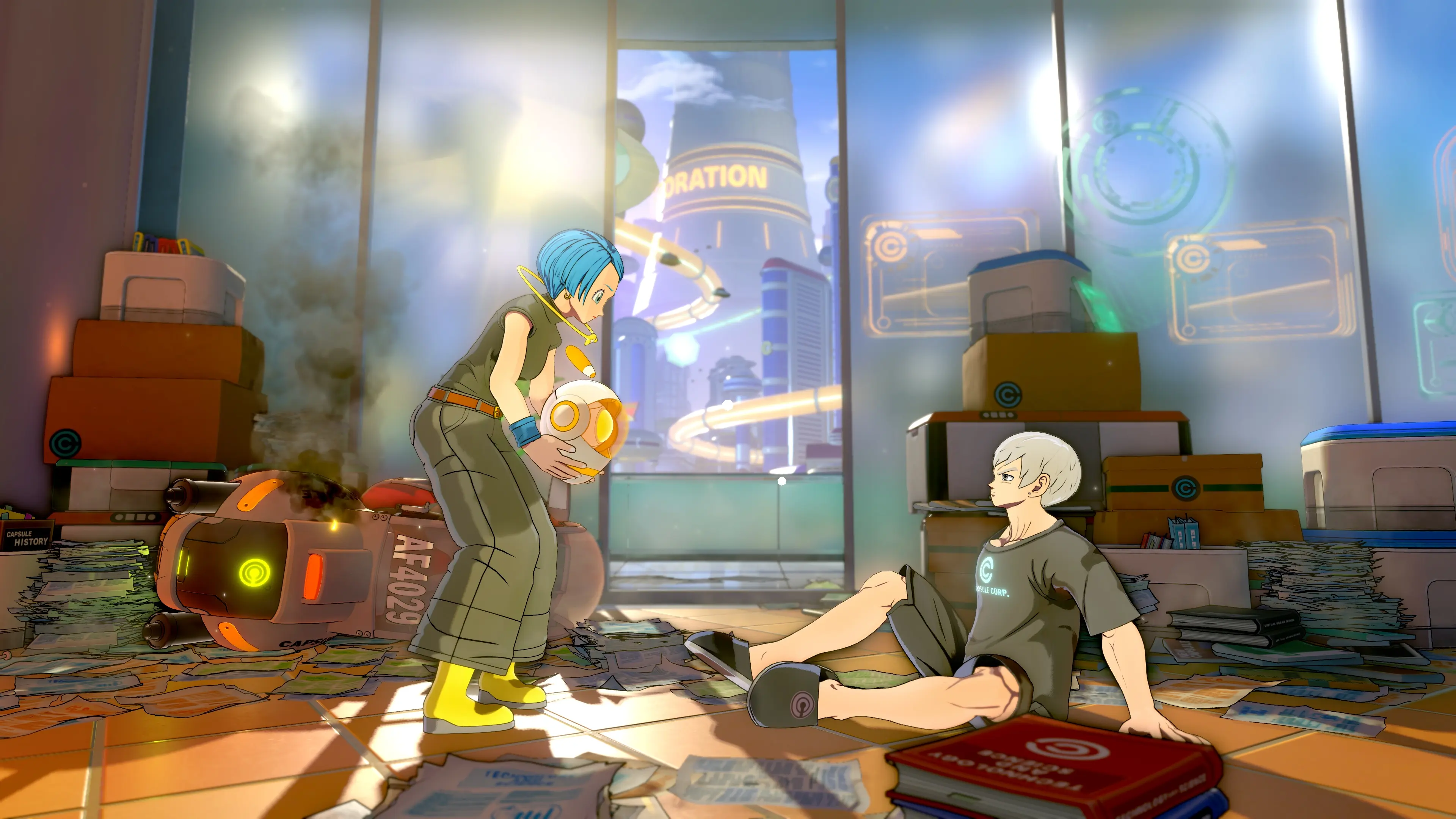 Bulma works beside a Capsule Corporation machine in an official Dragon Ball Xenoverse 3 still.