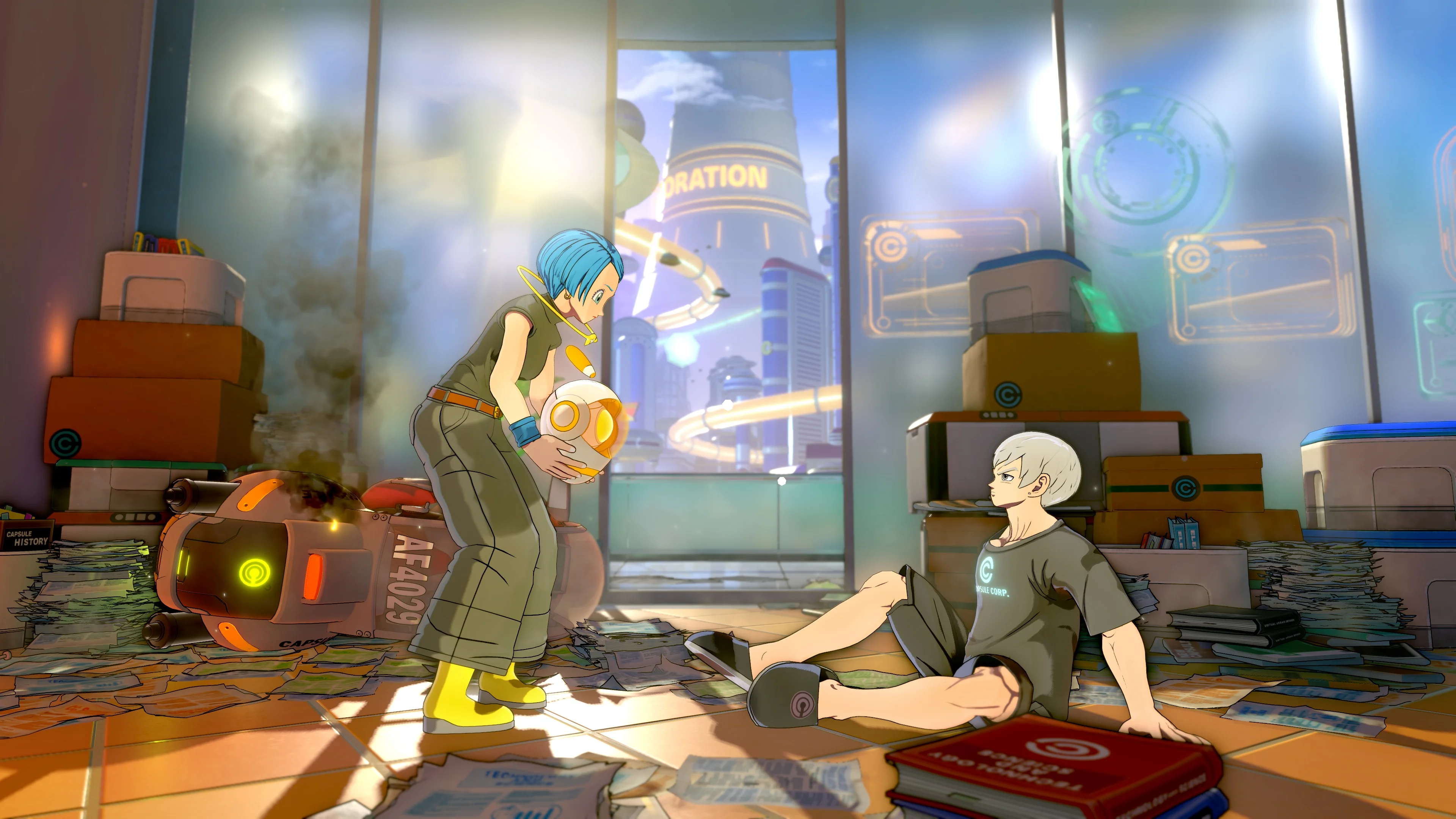 Bulma works beside a Capsule Corporation machine in an official Dragon Ball Xenoverse 3 still.