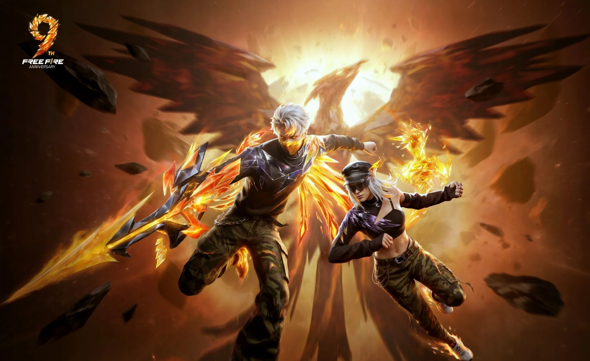 Two armed Free Fire MAX characters moving through an action scene