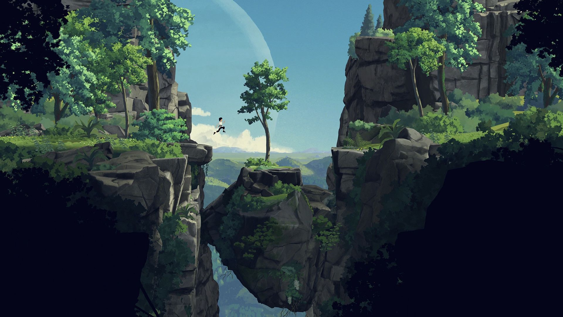 Lana jumps between mossy ledges above a wooded gap in Planet of Lana.