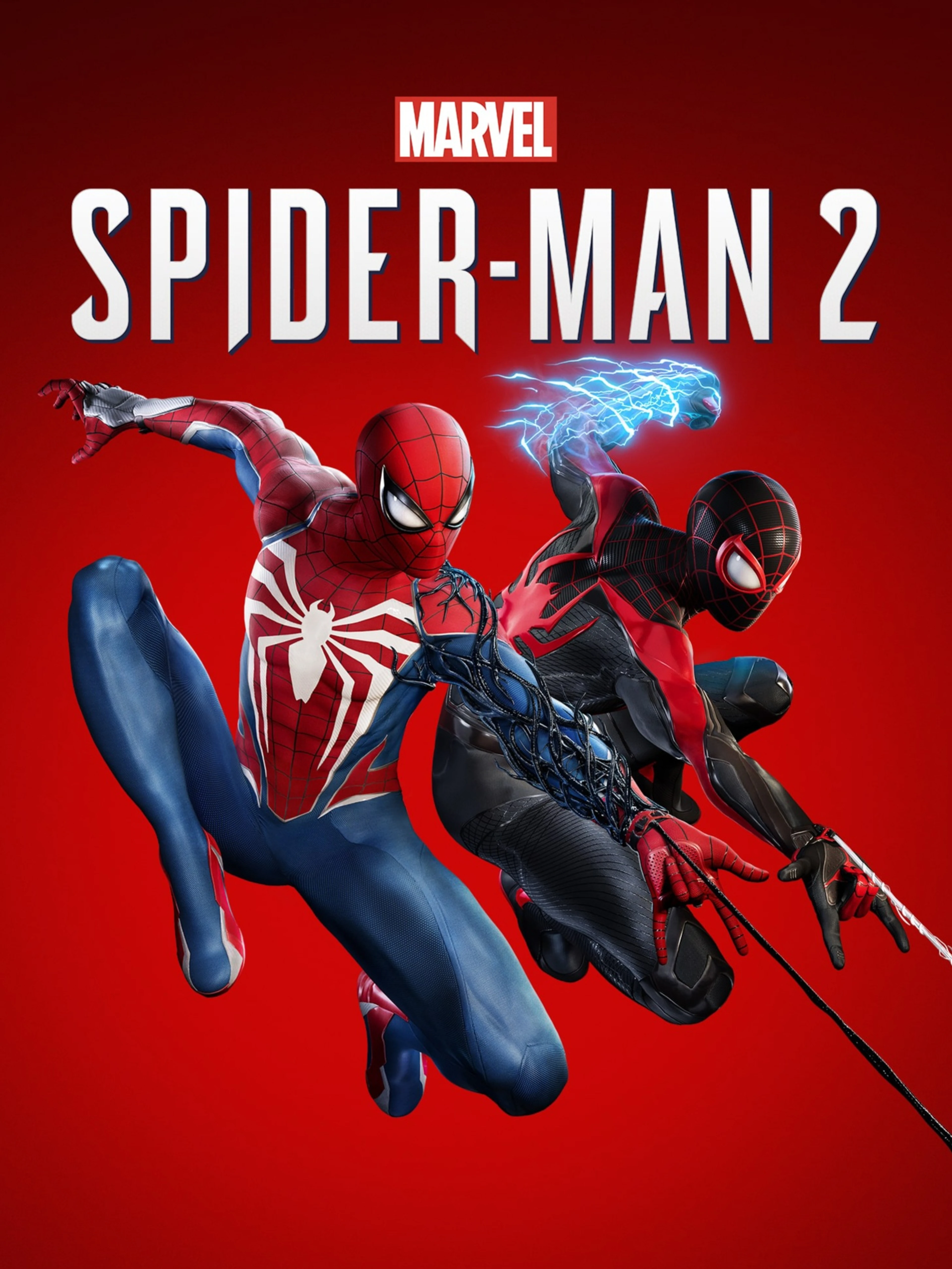 Official Marvel’s Spider-Man 2 cover with Peter Parker and Miles Morales on a red background and the game logo.