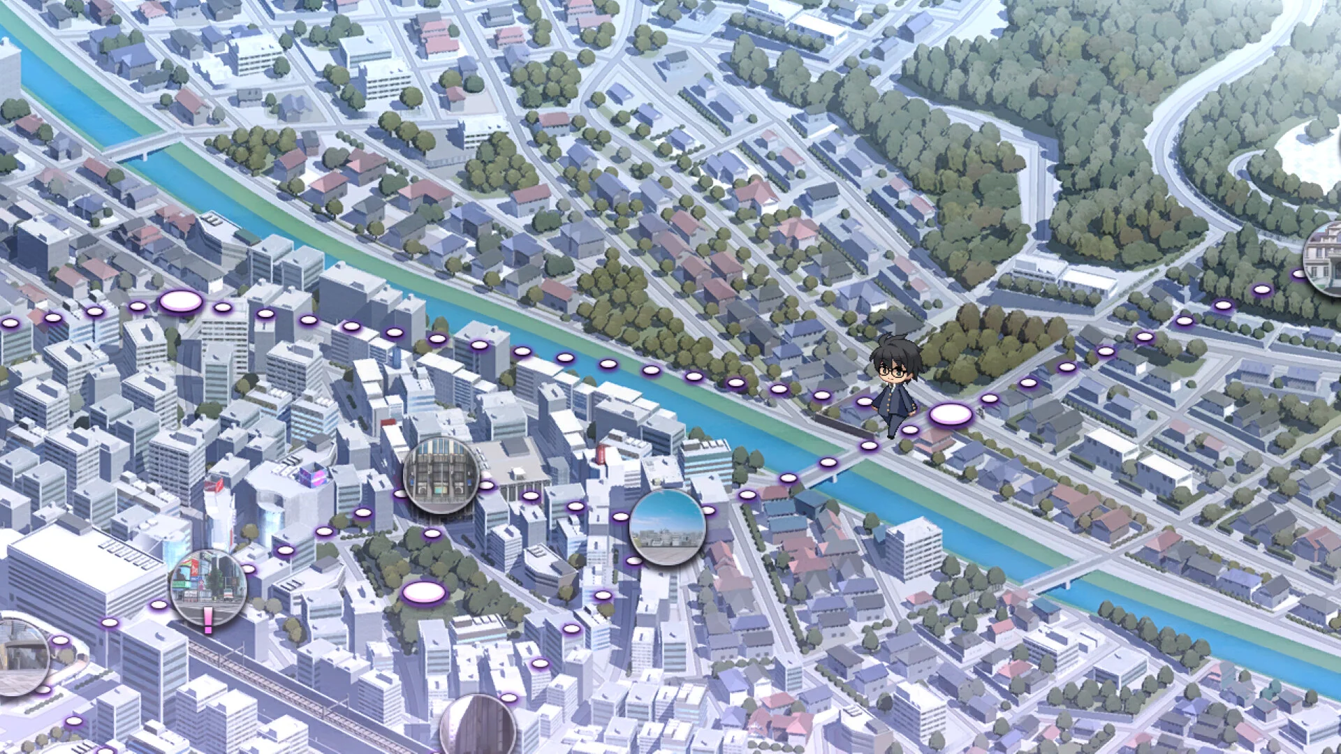 Aerial map of Souya City with connected battle locations and Shiki Tohno at the edge.