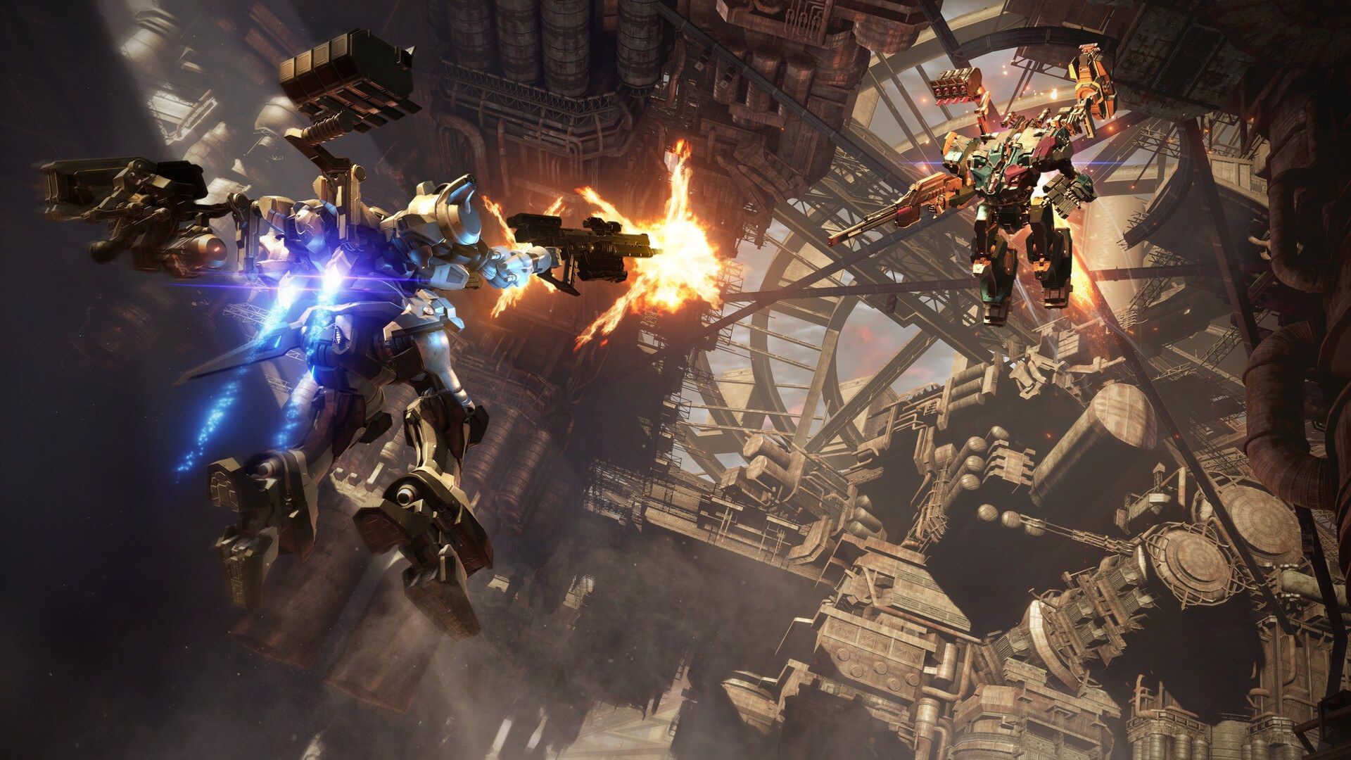 Two combat mechs exchange fire inside an industrial complex.