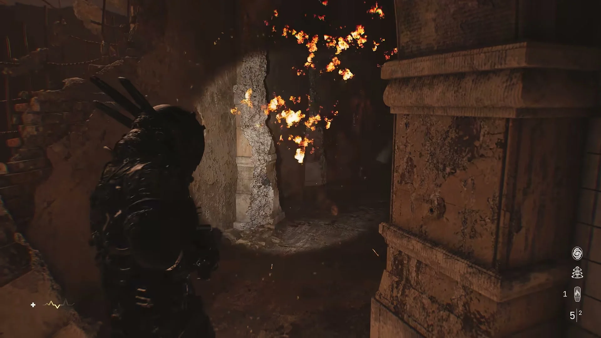 The Pathfinder moves through a burning corridor in Cronos: Lazarus.