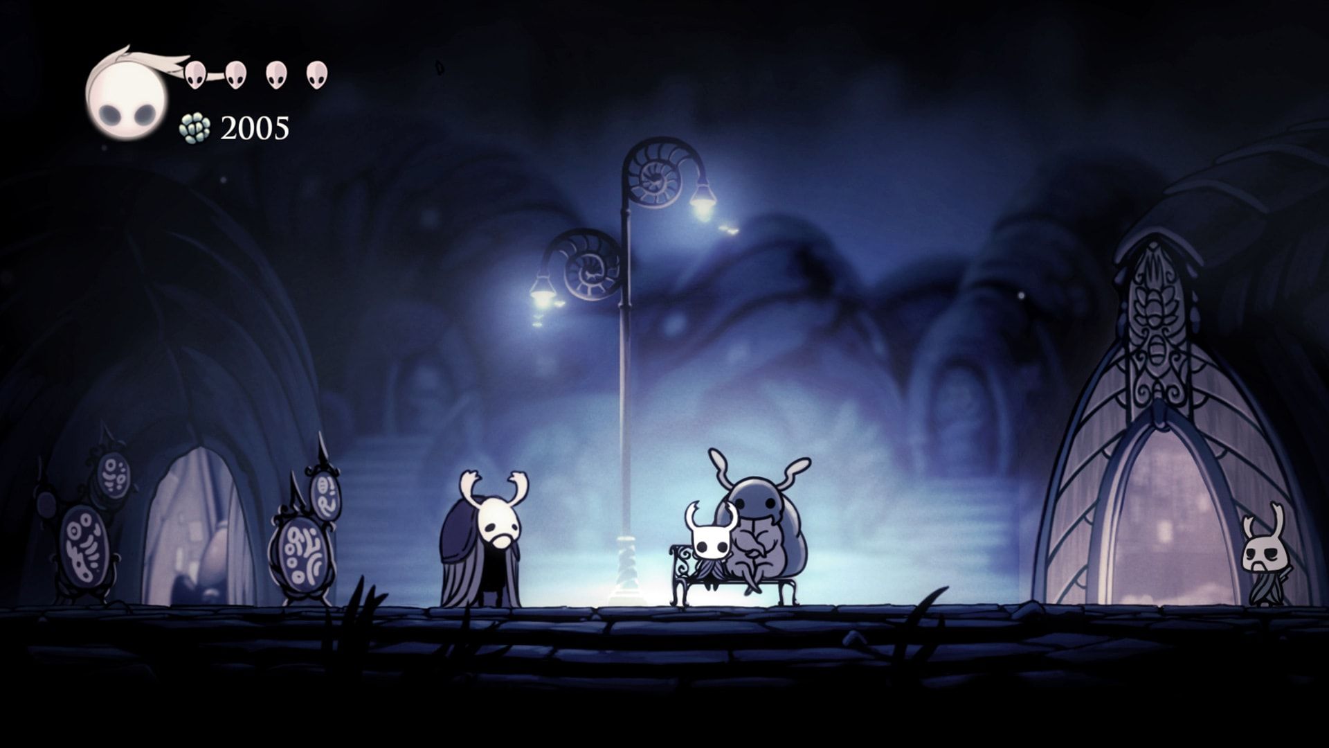 The Knight faces a larger enemy on a dim stone path.