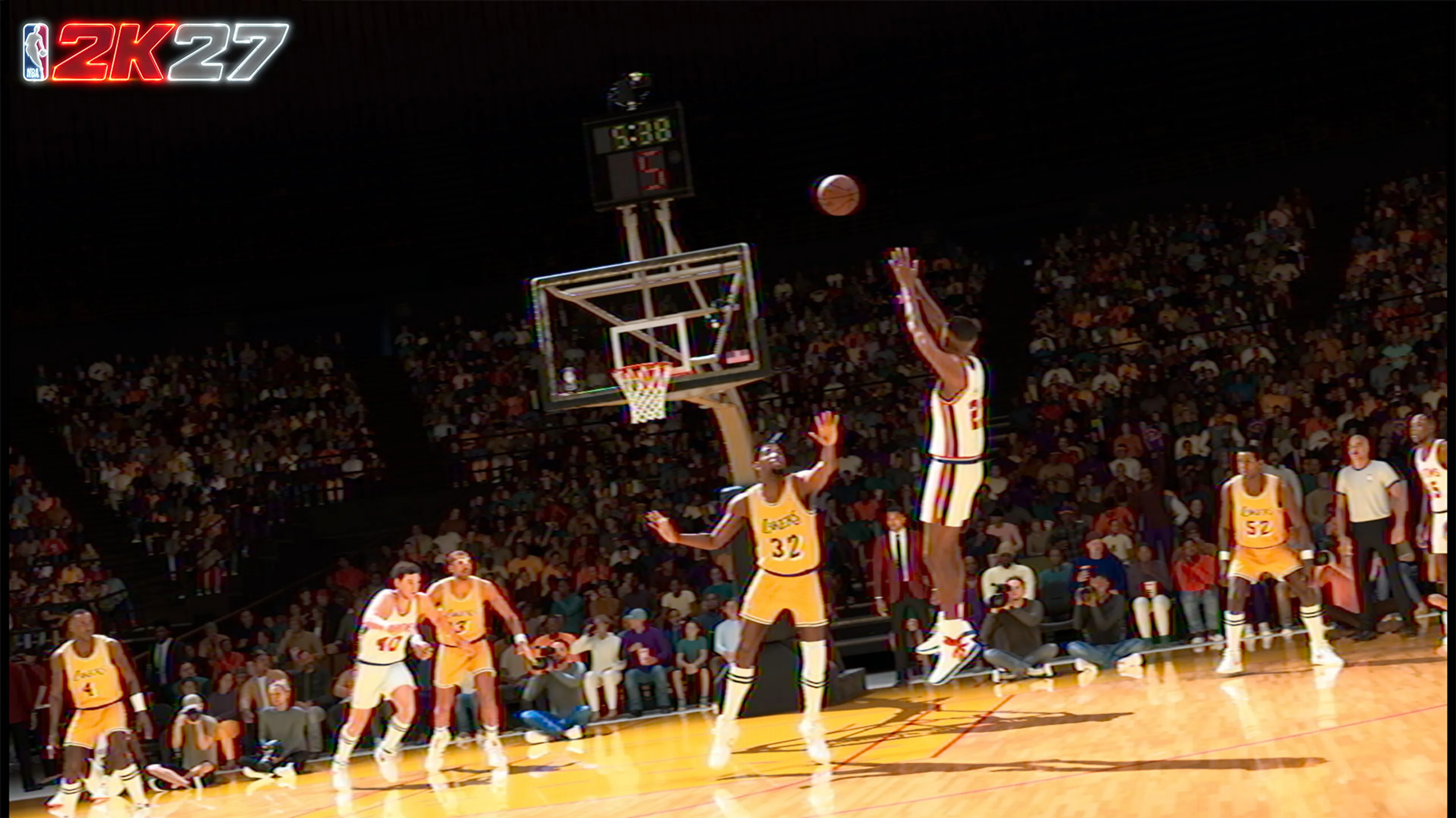 A Boston player shoots over a Los Angeles defender in NBA 2K27’s 1984 Magic versus Bird Era.