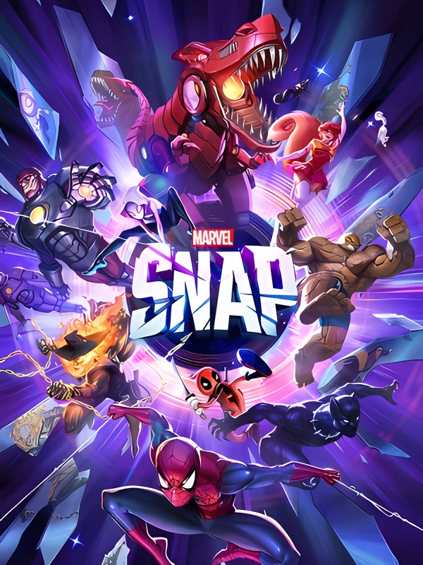 Official Marvel Snap cover with Marvel heroes and villains around the game logo.