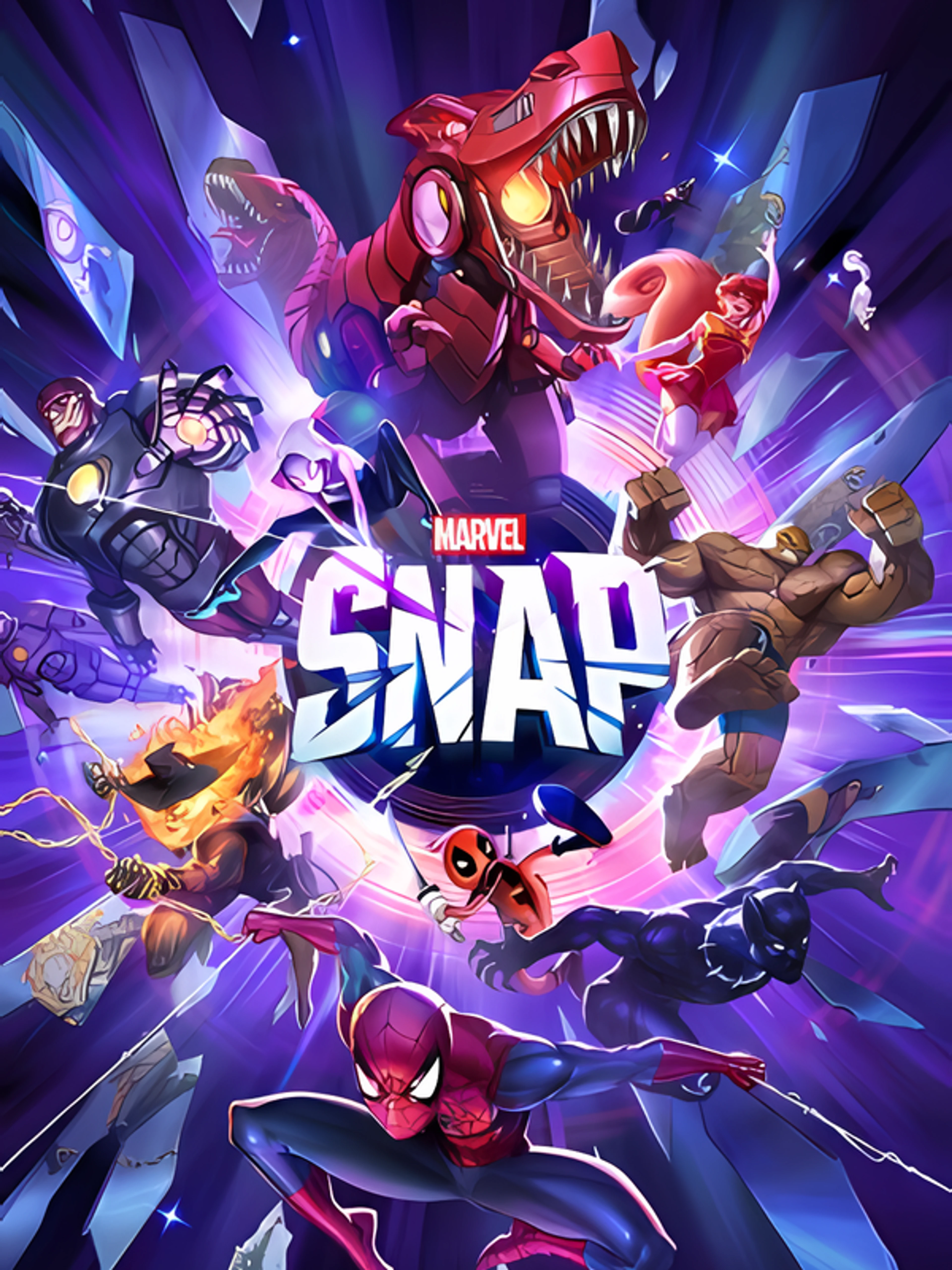 Official Marvel Snap cover with Marvel heroes and villains around the game logo.