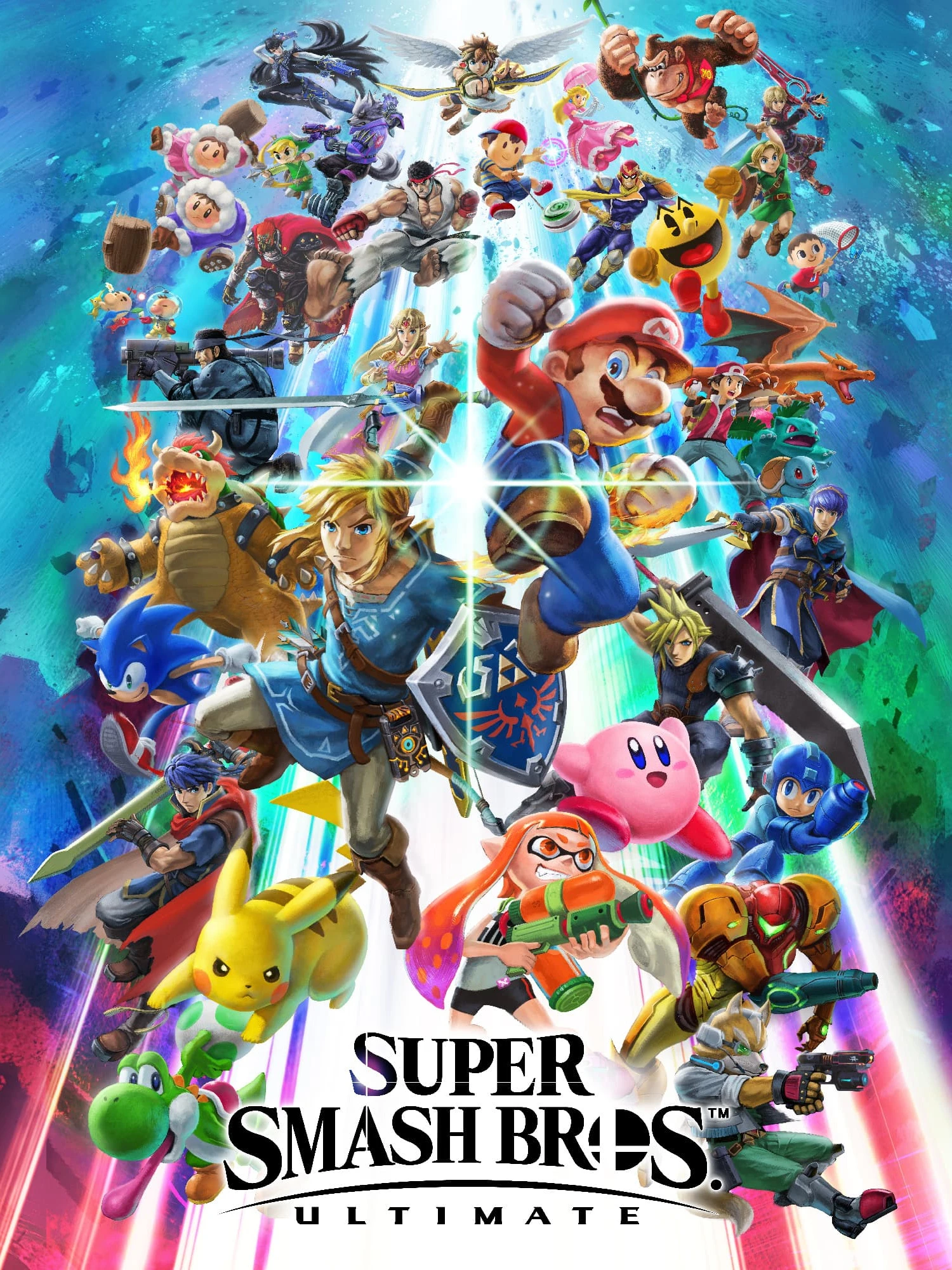 Official Super Smash Bros. Ultimate cover showing Mario, Link, Pikachu and other fighters above the native game logo.