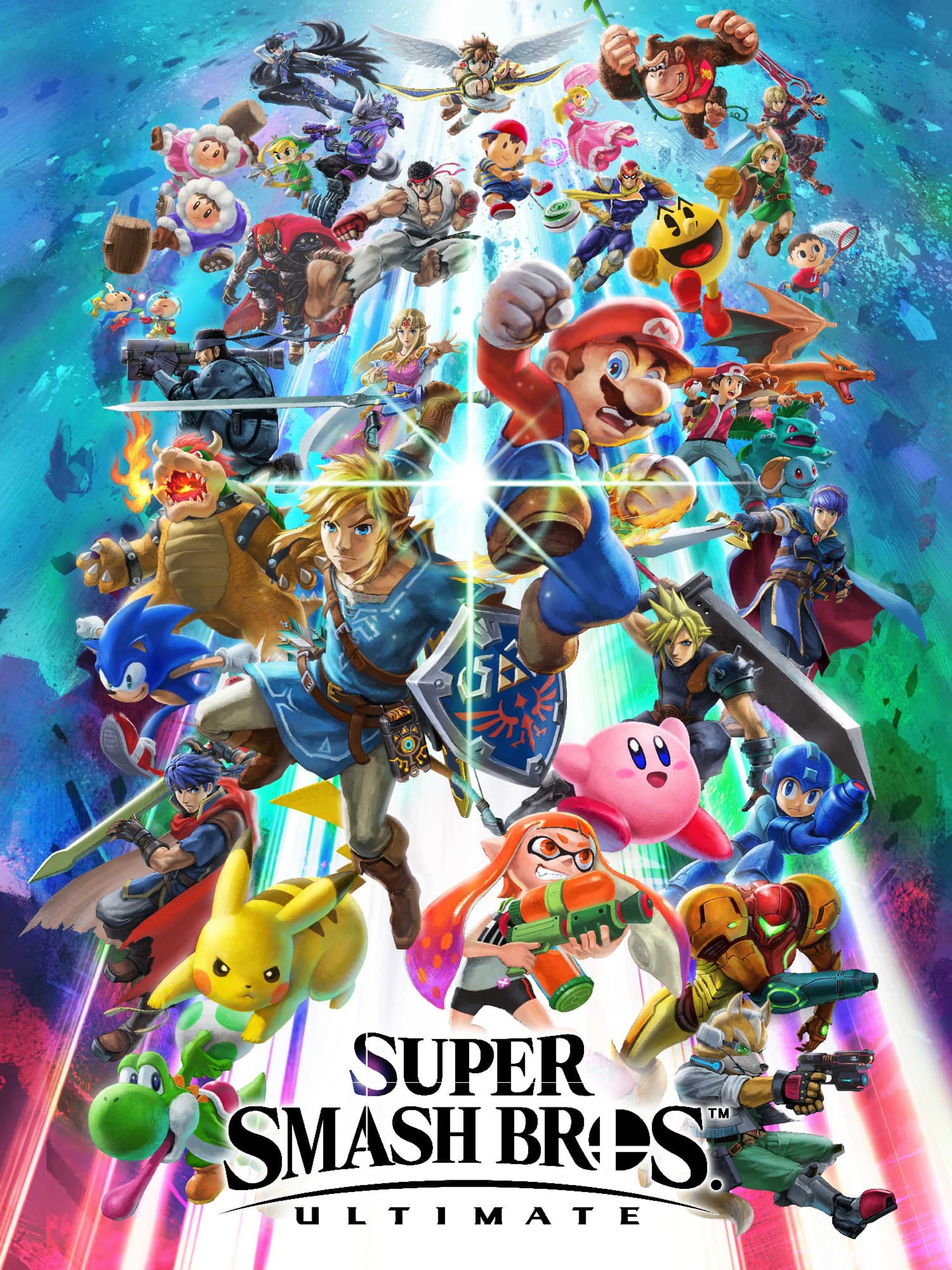 Official Super Smash Bros. Ultimate cover showing Mario, Link, Pikachu and other fighters above the native game logo.