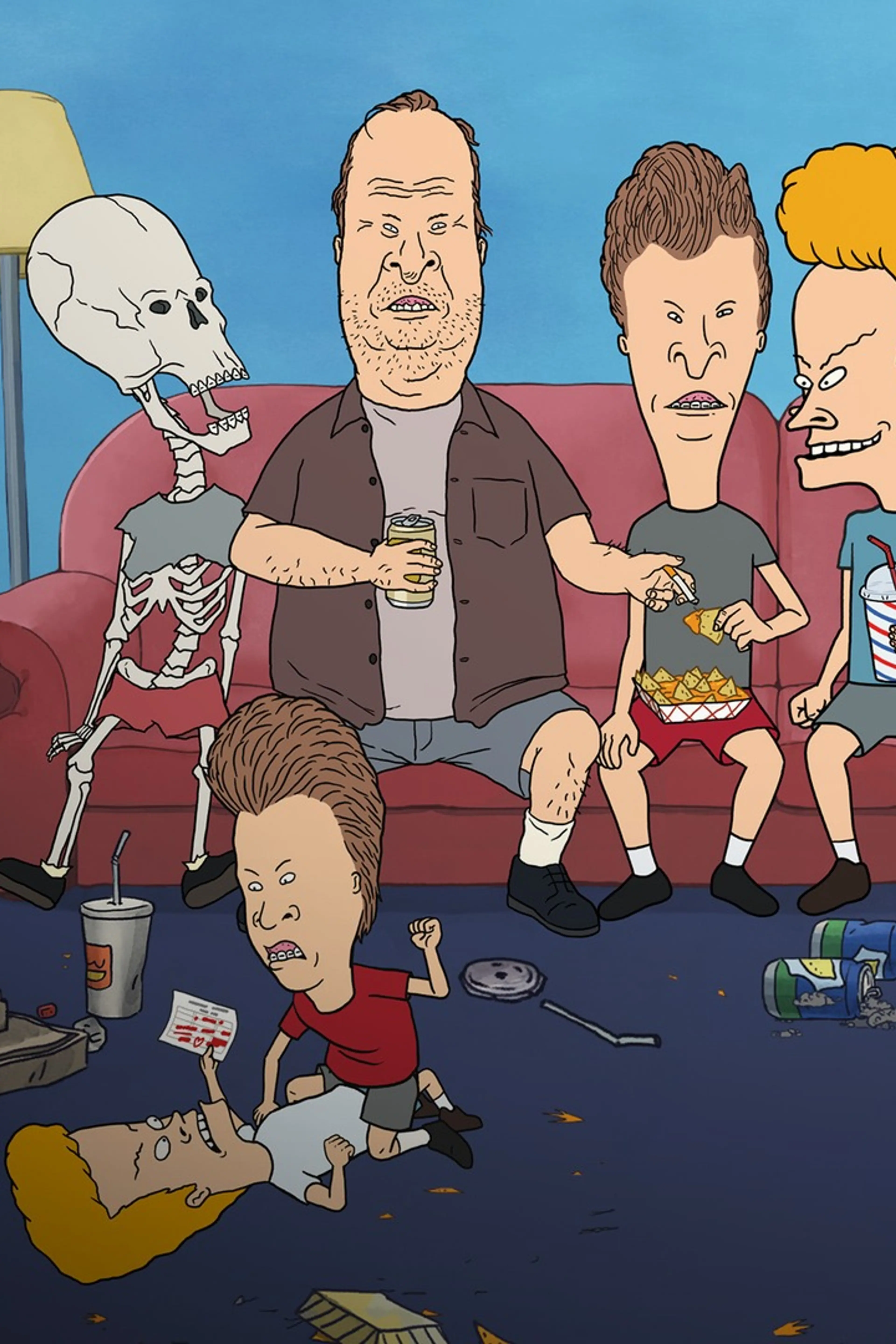 Beavis and Butt-Head sit on a red couch with other characters from the animated series.