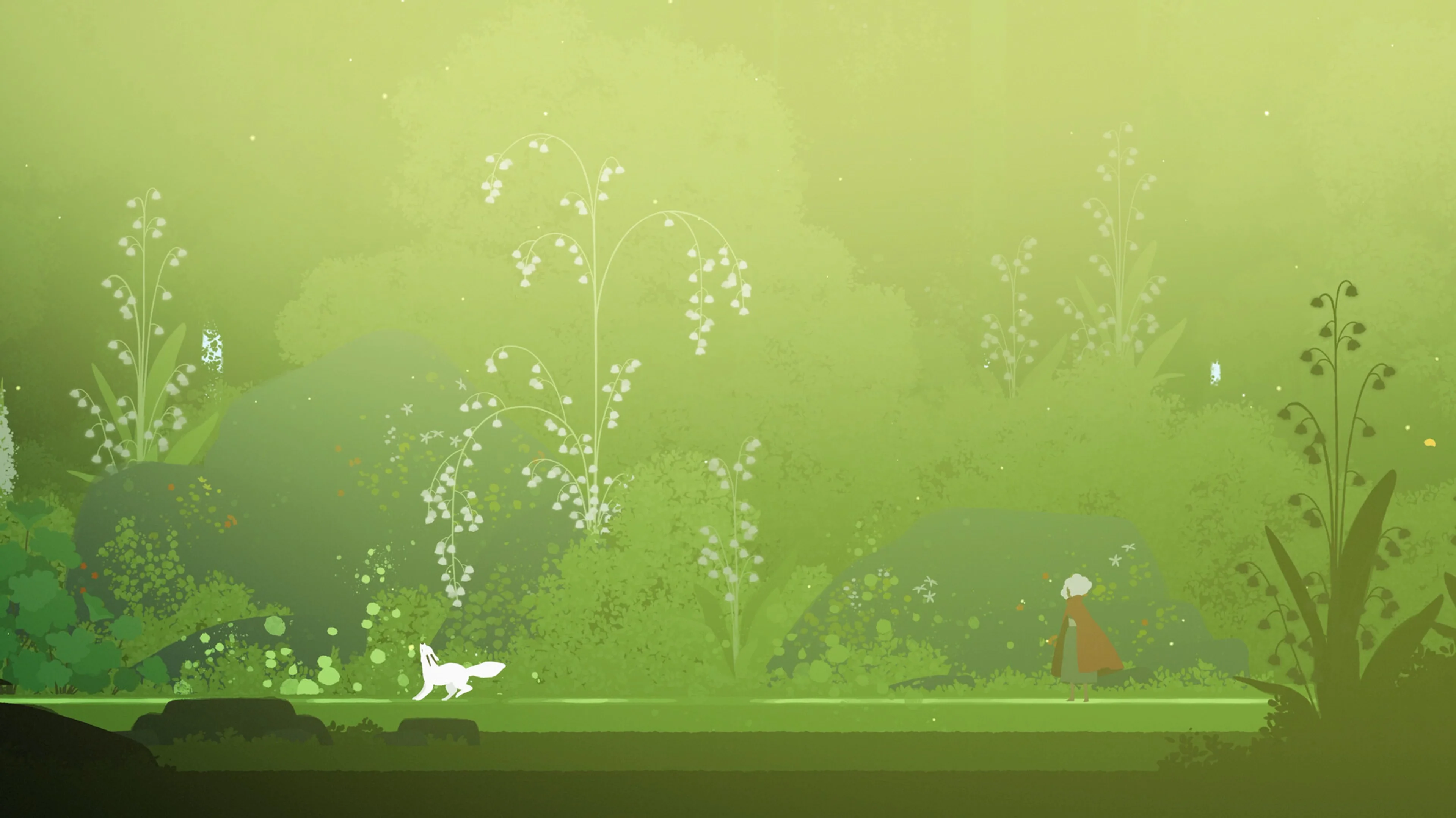 Alba and a white wolf stand in a green forest clearing in Neva.