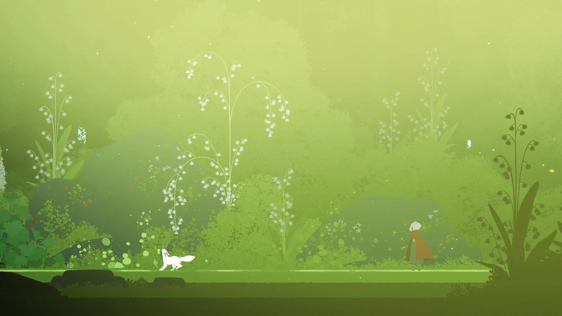 Alba and a white wolf stand in a green forest clearing in Neva.