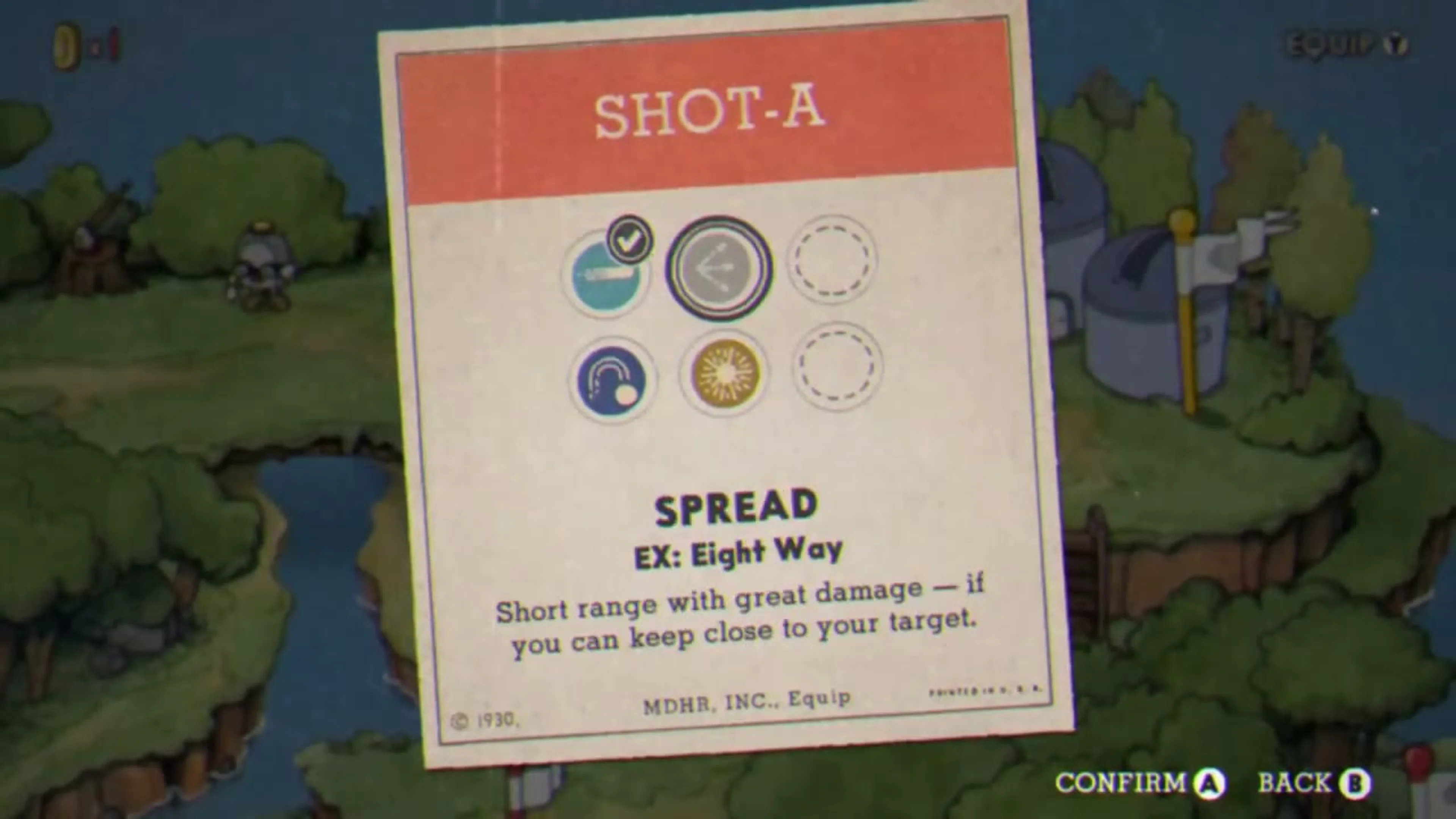 The Shot-A equipment card shows weapon icons and a selected Spread description saying it is short range with strong damage.