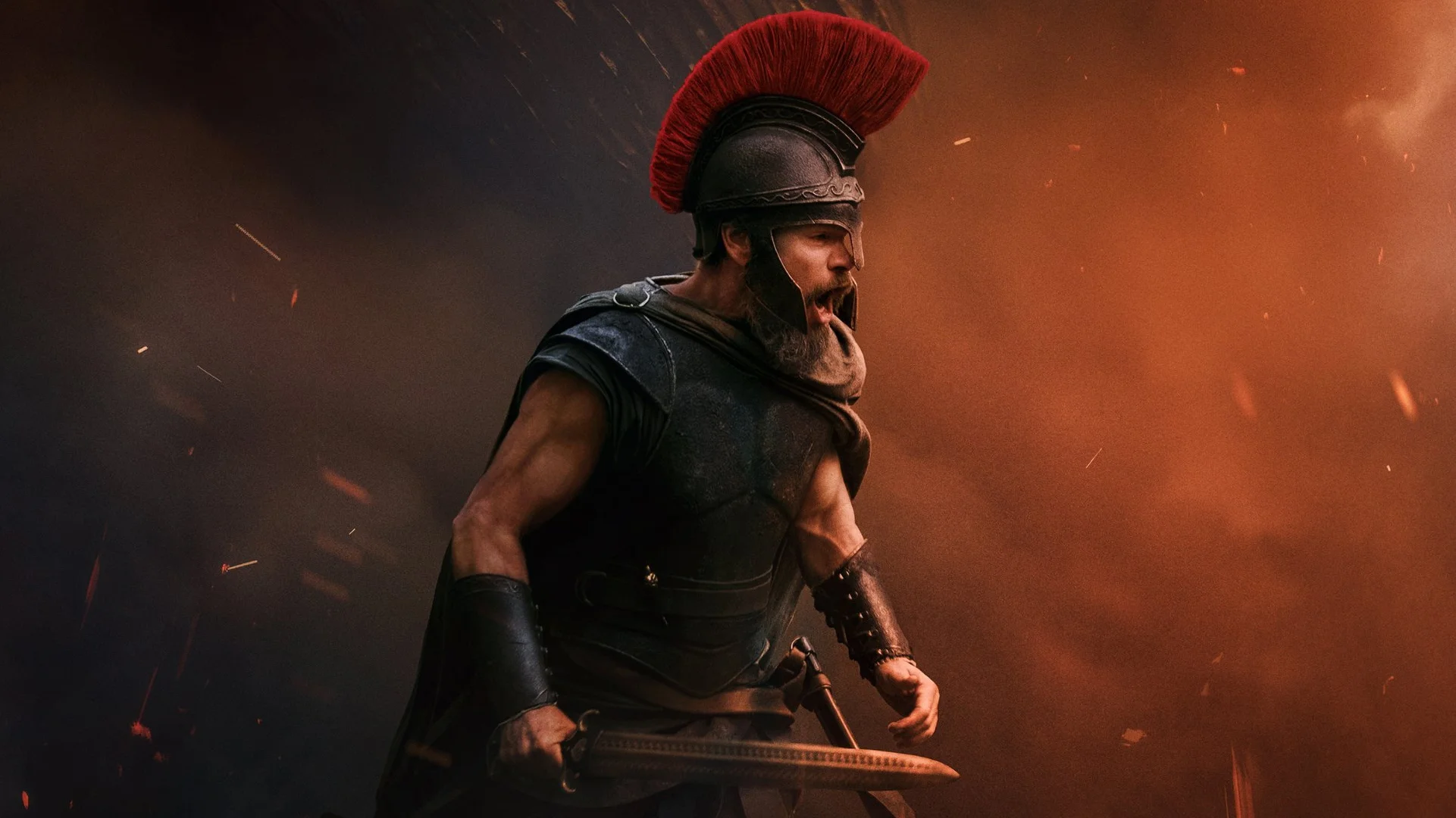 Matt Damon as Odysseus in armor with the Trojan Horse and flames behind him.