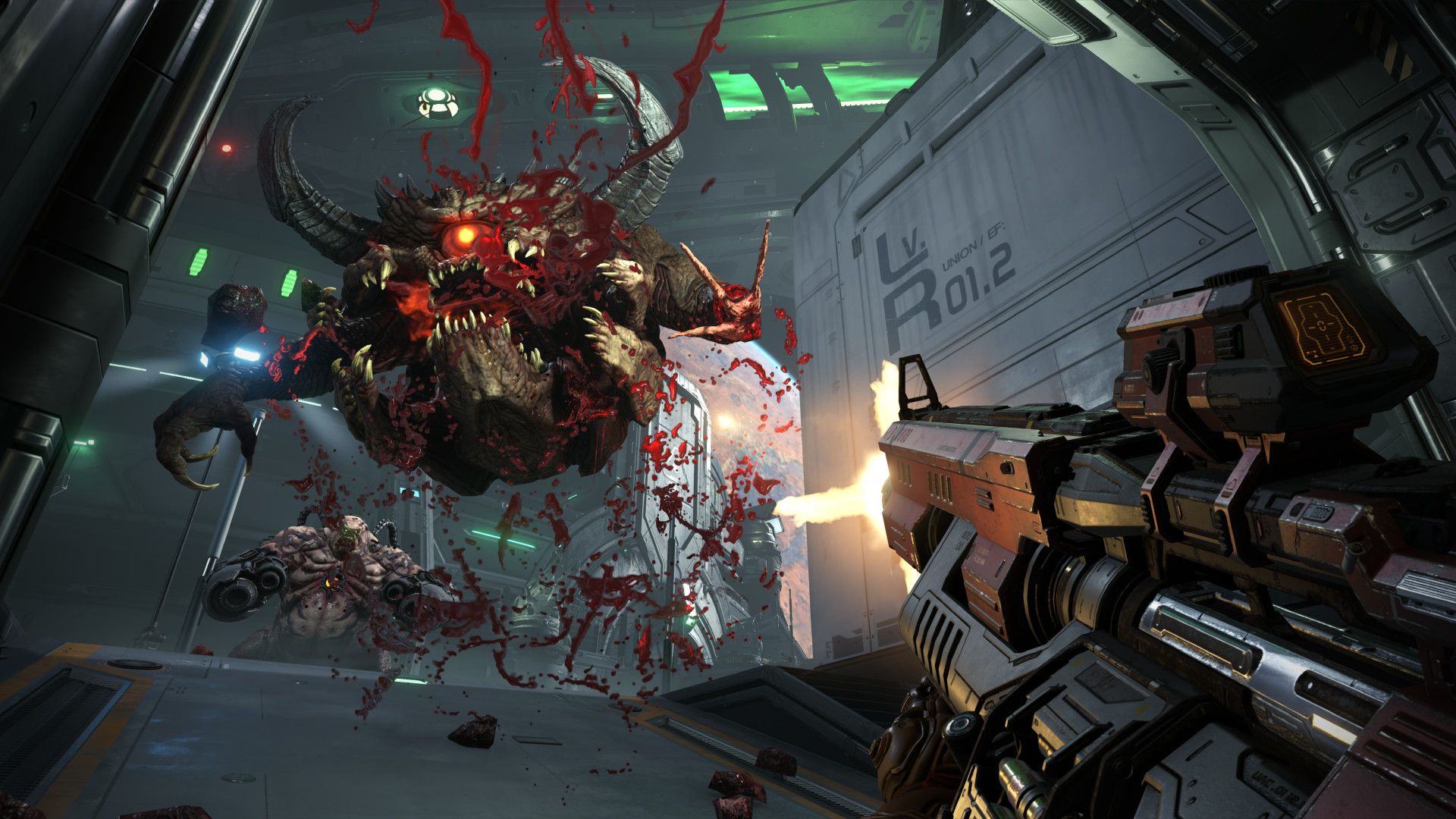 A Cacodemon is hit amid a crowded first-person fight.