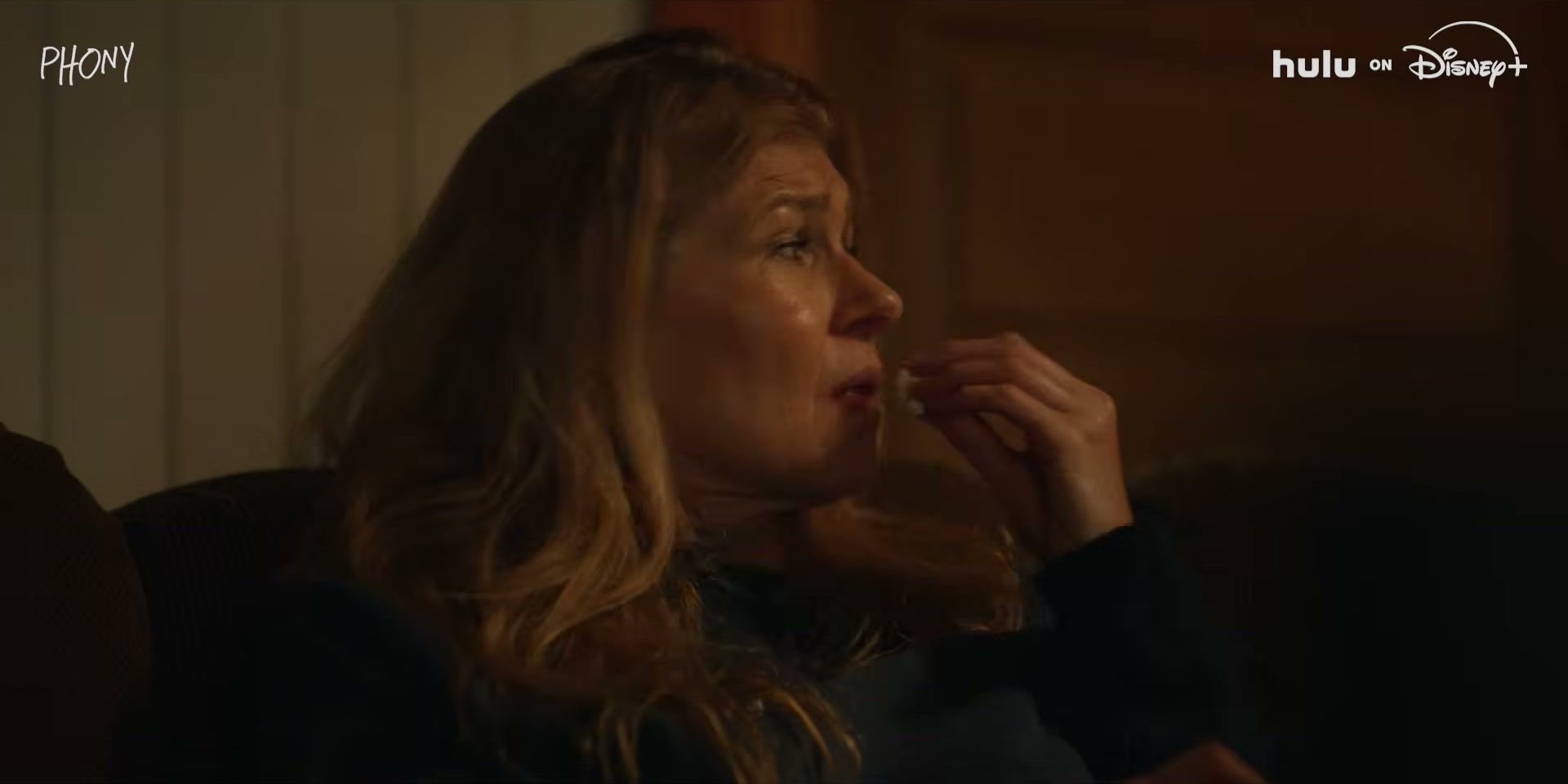 Connie Britton looks across a room in an official Phony trailer frame.