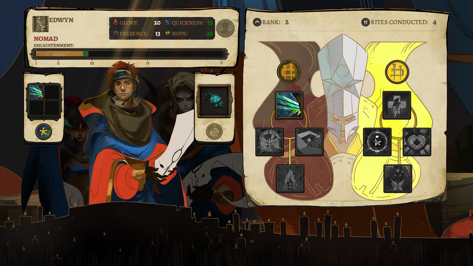 An open-book character menu shows stats, an exile portrait and a branching Mastery layout.