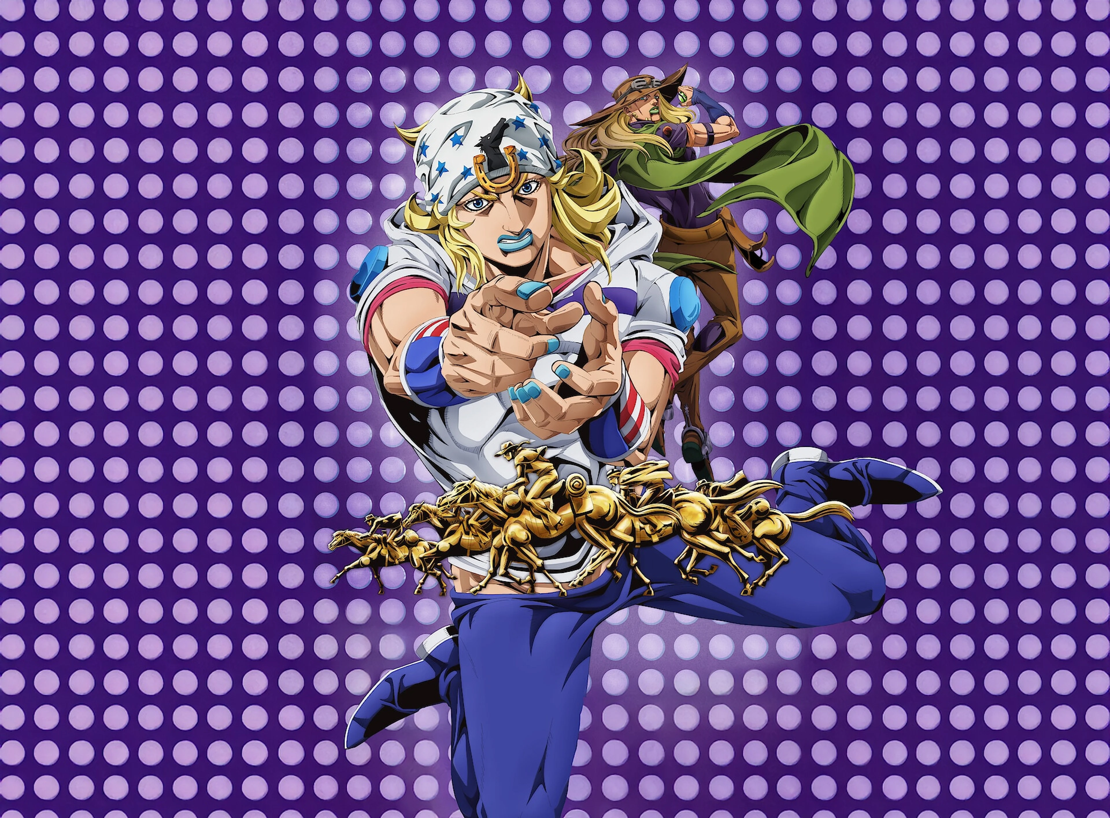 Johnny Joestar and Gyro Zeppeli in a sharp Steel Ball Run promotional image.