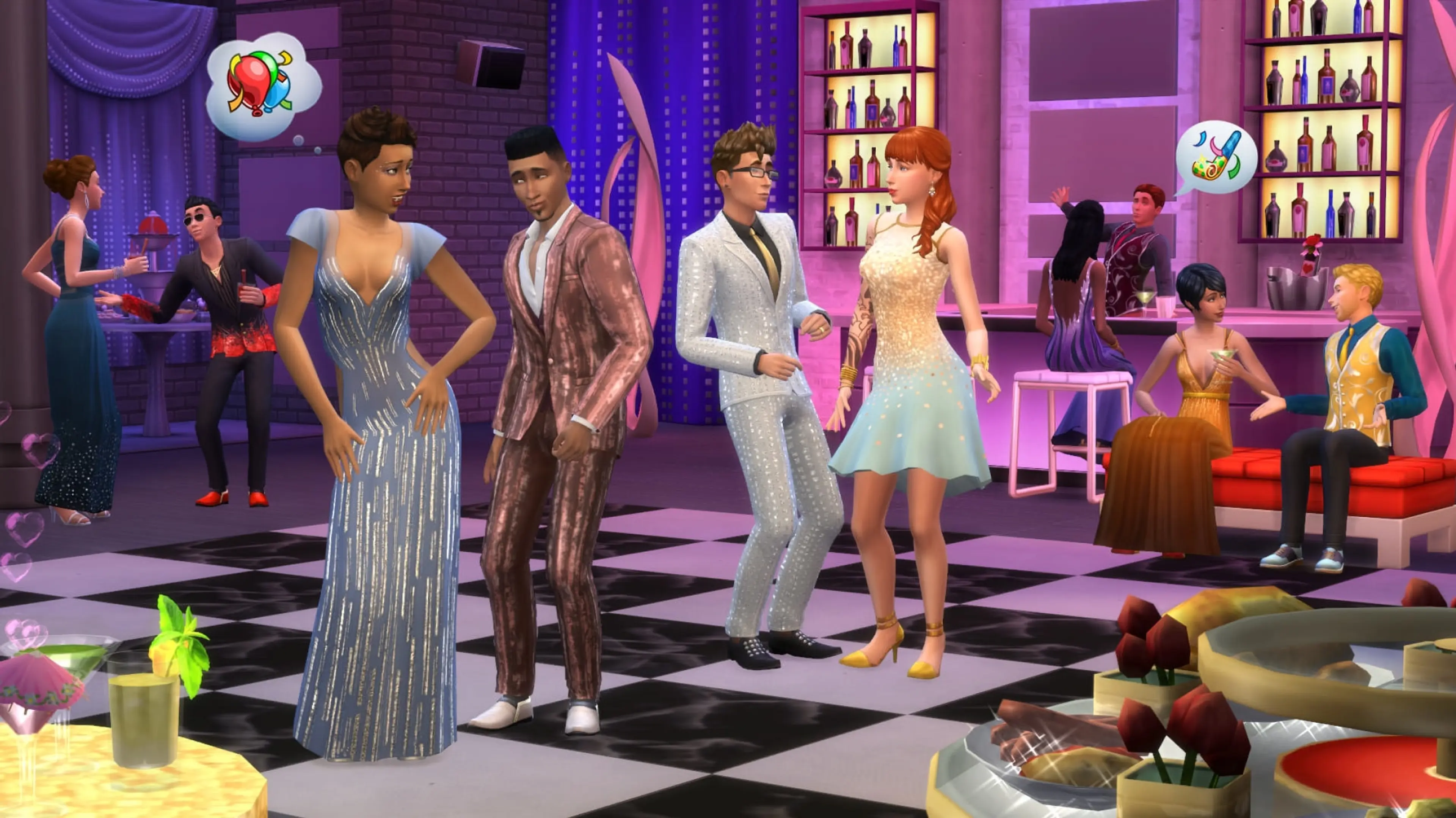 Sims dance and talk together inside a brightly lit nightclub.